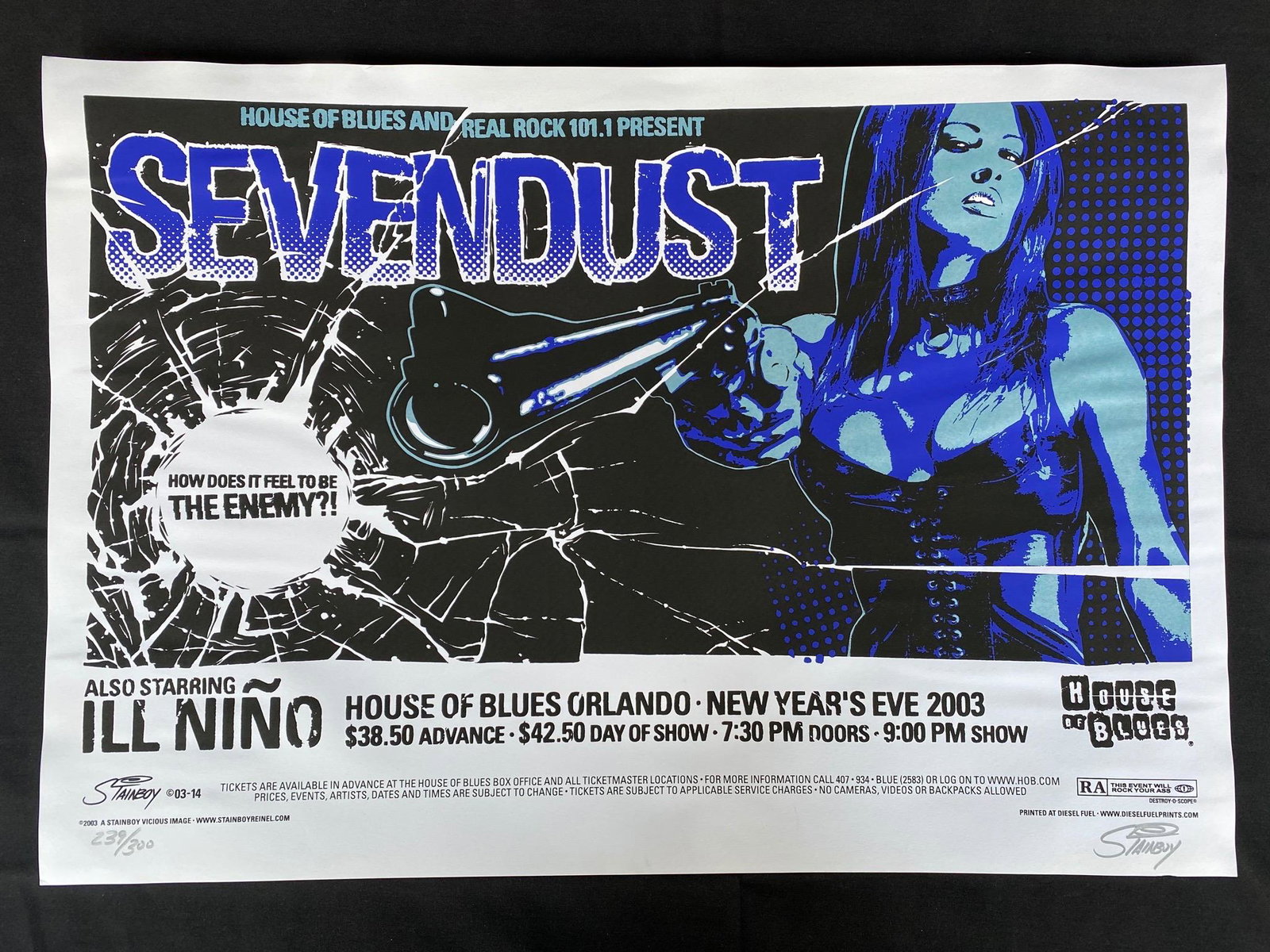 Sevendust Concert Poster at the House of Blues In Orlan: Sevendust Concert Poster at the House of Blues In Orlando New YearÕs Eve 2003 Artist Signed and Numbered -- Dimensions: H: 29 1/2 x 20 3/8 inches --- Bidding note: We will be attempting to close thes