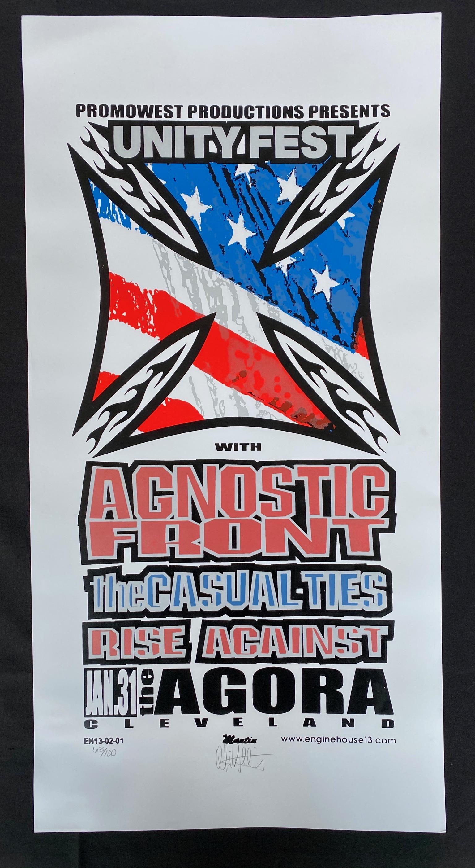 The Unity Fest with Agnostic Front. September 24 To the: The Unity Fest with Agnostic Front. September 24 To the 26th 1999 The Casual Ties. Rise Against. Cleveland Ohio Artist Signed and Numbered Concert Poster -- Dimensions: H: 26 x 13 1/4 inches --- Biddi