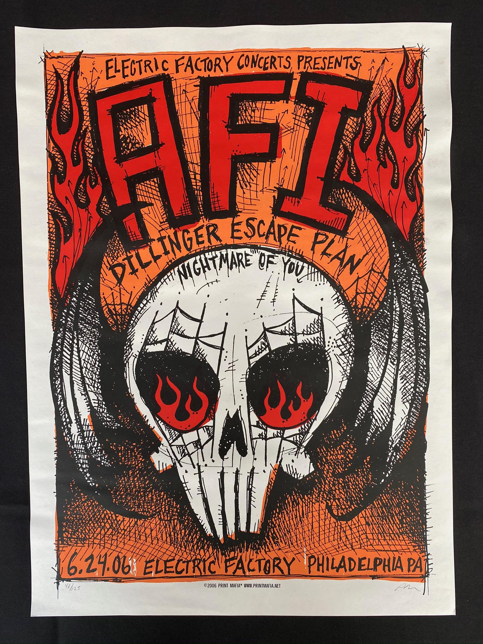 Afi and Guests Concert Poster at the Electric Factory J: Afi and Guests Concert Poster at the Electric Factory June 24 2006 Artist Signed and Numbered -- Dimensions: H: 21 3/4 x 15 7/8 inches --- Bidding note: We will be attempting to close these items at a