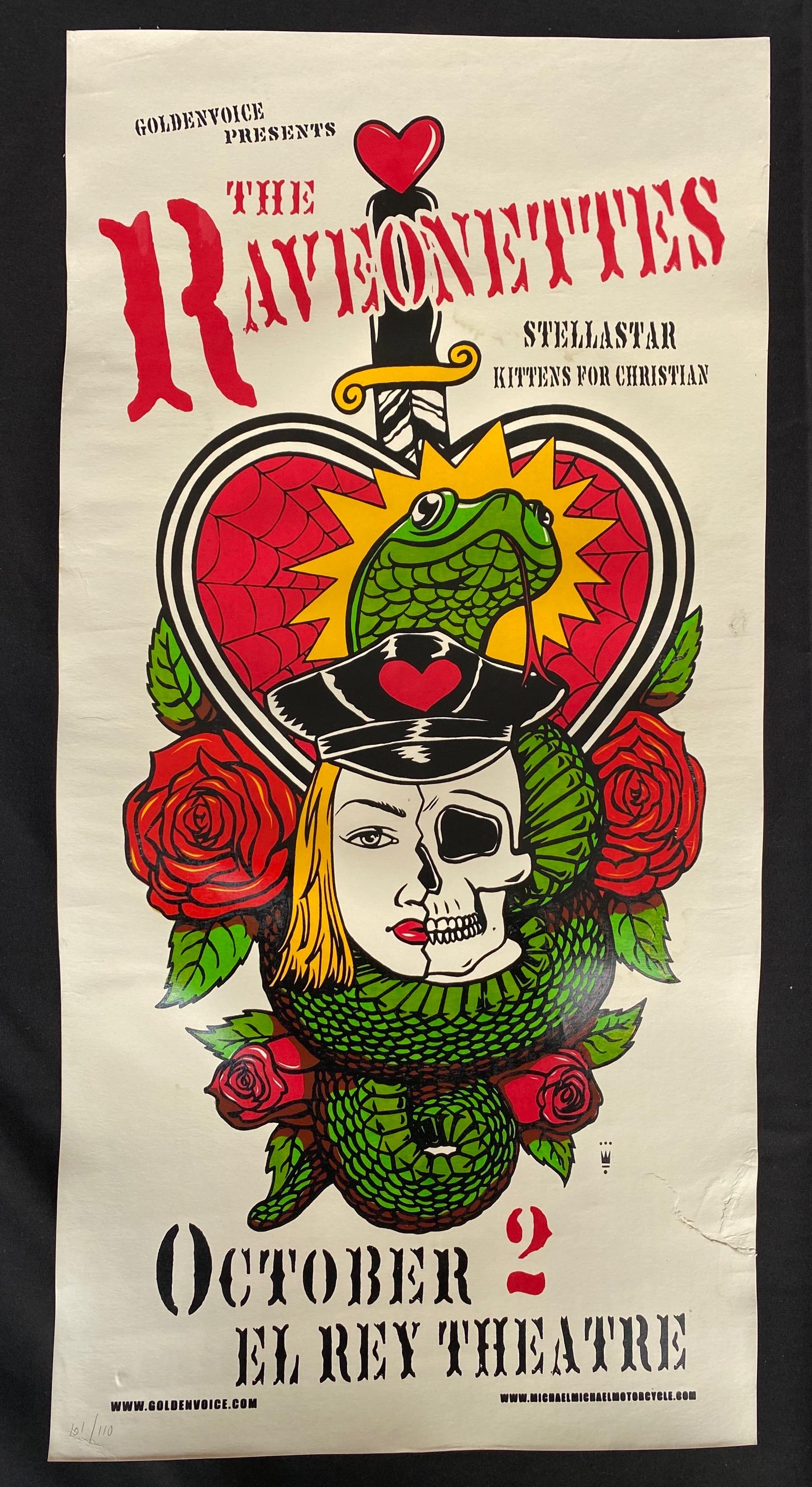 The Raveonettes and Guests. Concert Poster October 2 at: The Raveonettes and Guests. Concert Poster October 2 at the El Rey Theatre. Numbered -- Dimensions: H: 25 3/4 x 12 7/8 inches --- Bidding note: We will be attempting to close these items at a rate of