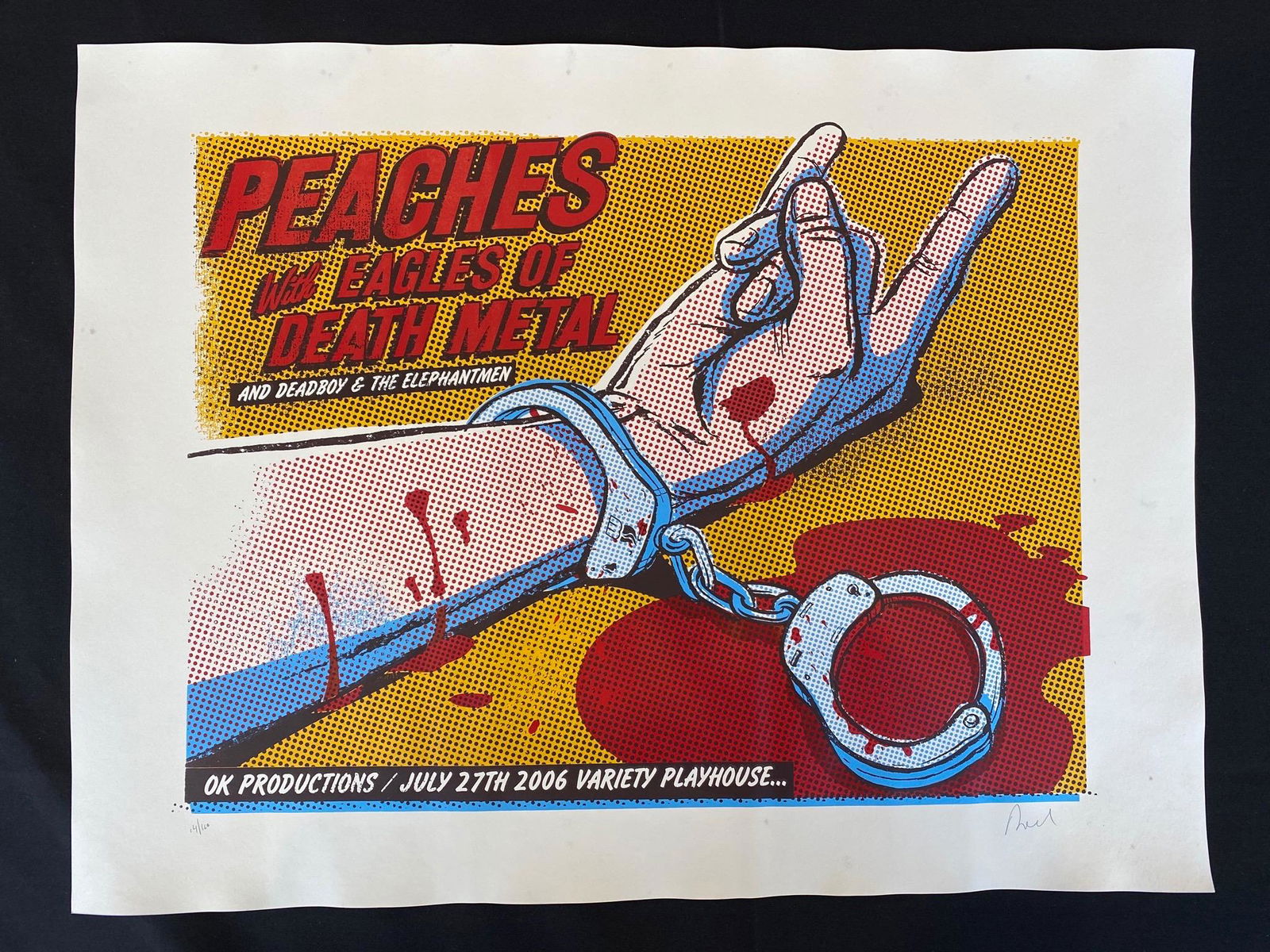 Peaches with Eagles of Death Metal and Deadboy and the: Peaches with Eagles of Death Metal and Deadboy and the Elephantmen Concert Poster July 27 2006 at the Variety Playhouse Artist Signed and Numbered -- Dimensions: H: 24 3/4 x 18 3/4 inches --- Bidding