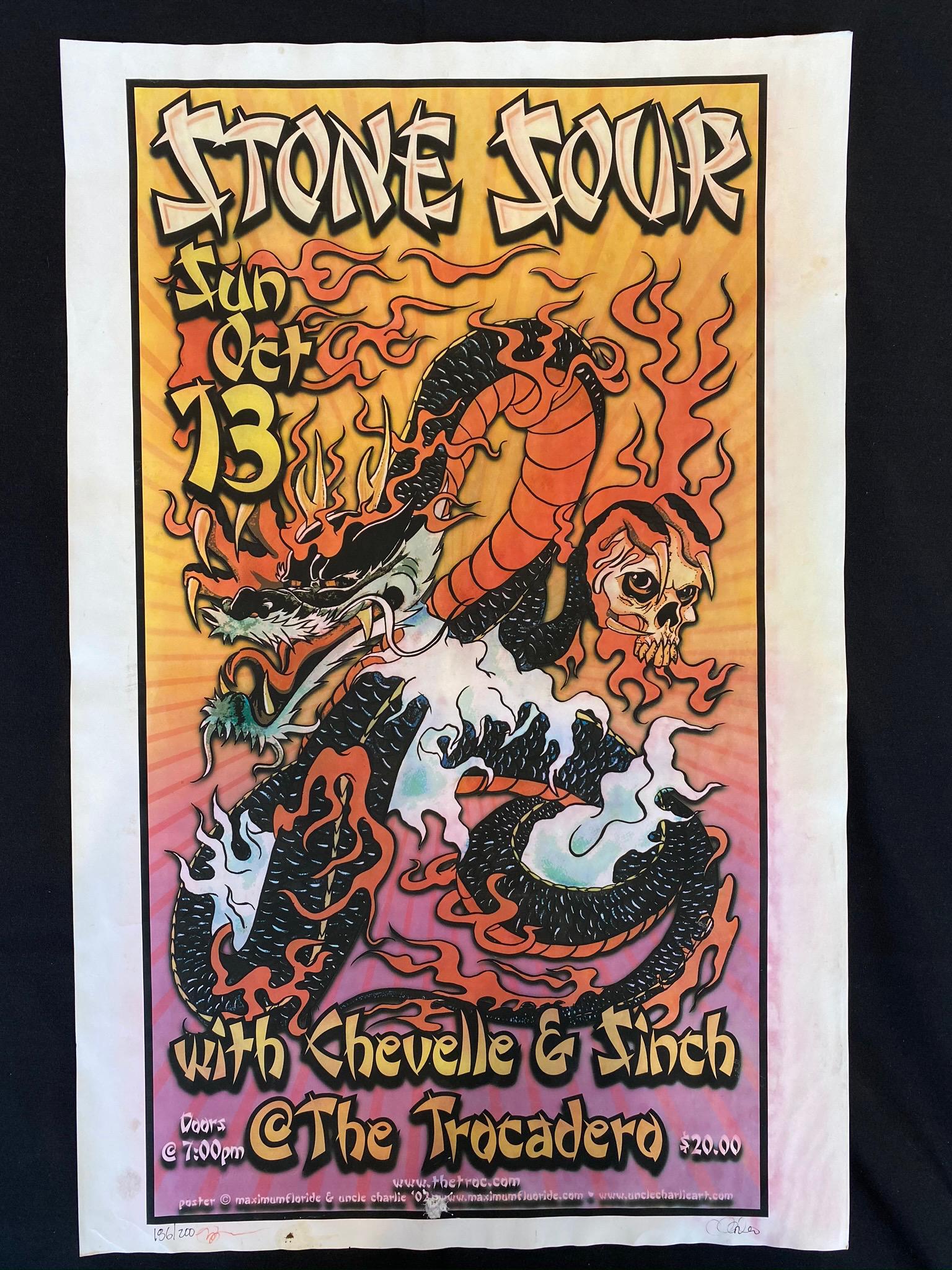 Stone Sour and Guests Concert Poster October 13 2002 at: Stone Sour and Guests Concert Poster October 13 2002 at the Trocadero. Signed and Numbered by the Artist -- Dimensions: H: 207 7/8 x 18 inches --- Bidding note: We will be attempting to close these it