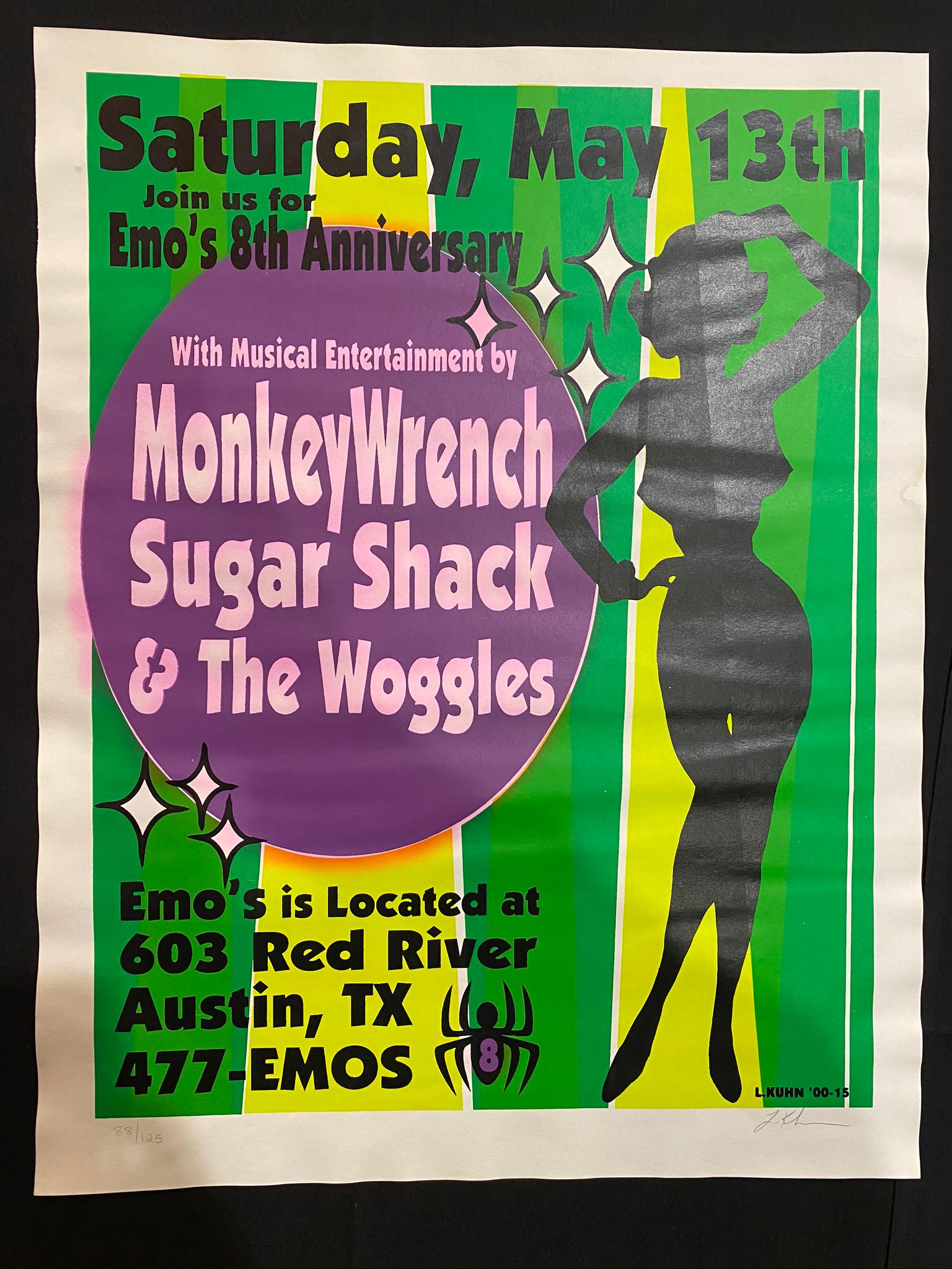 Monkey Wrench Sugar Shack and the Woggles Concert Poste: Monkey Wrench Sugar Shack and the Woggles Concert Poster May 13 Artist Signed and Numbered -- Dimensions: H: 22 1/4 x 17 1/2 inches --- Bidding note: We will be attempting to close these items at a ra