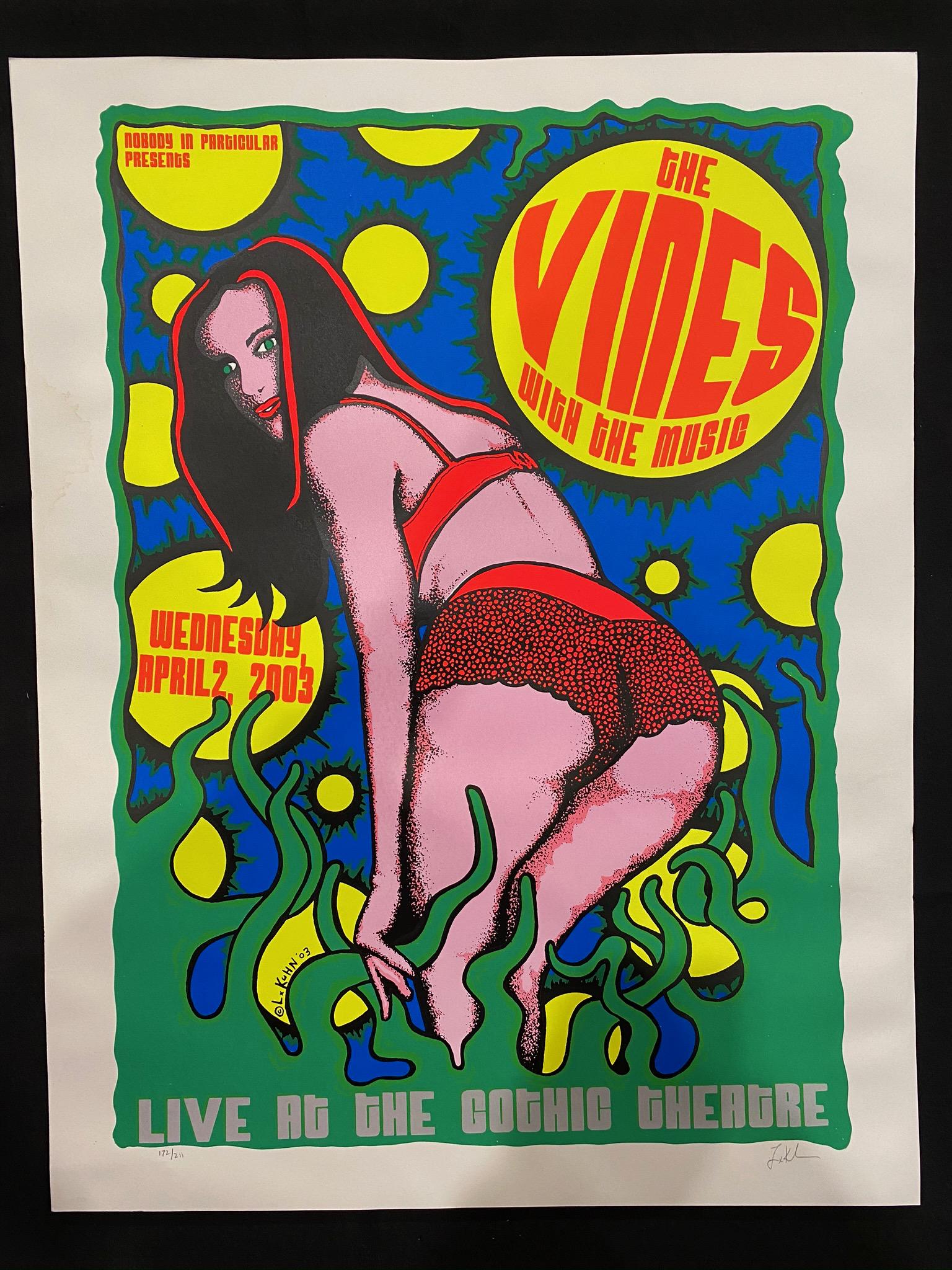 The Vines Wednesday Concert Poster April 2 2003 Live at: The Vines Wednesday Concert Poster April 2 2003 Live at the Gothic Theater Artist Signed and Numbered -- Dimensions: H: 26 x 20 inches --- Bidding note: We will be attempting to close these items at a