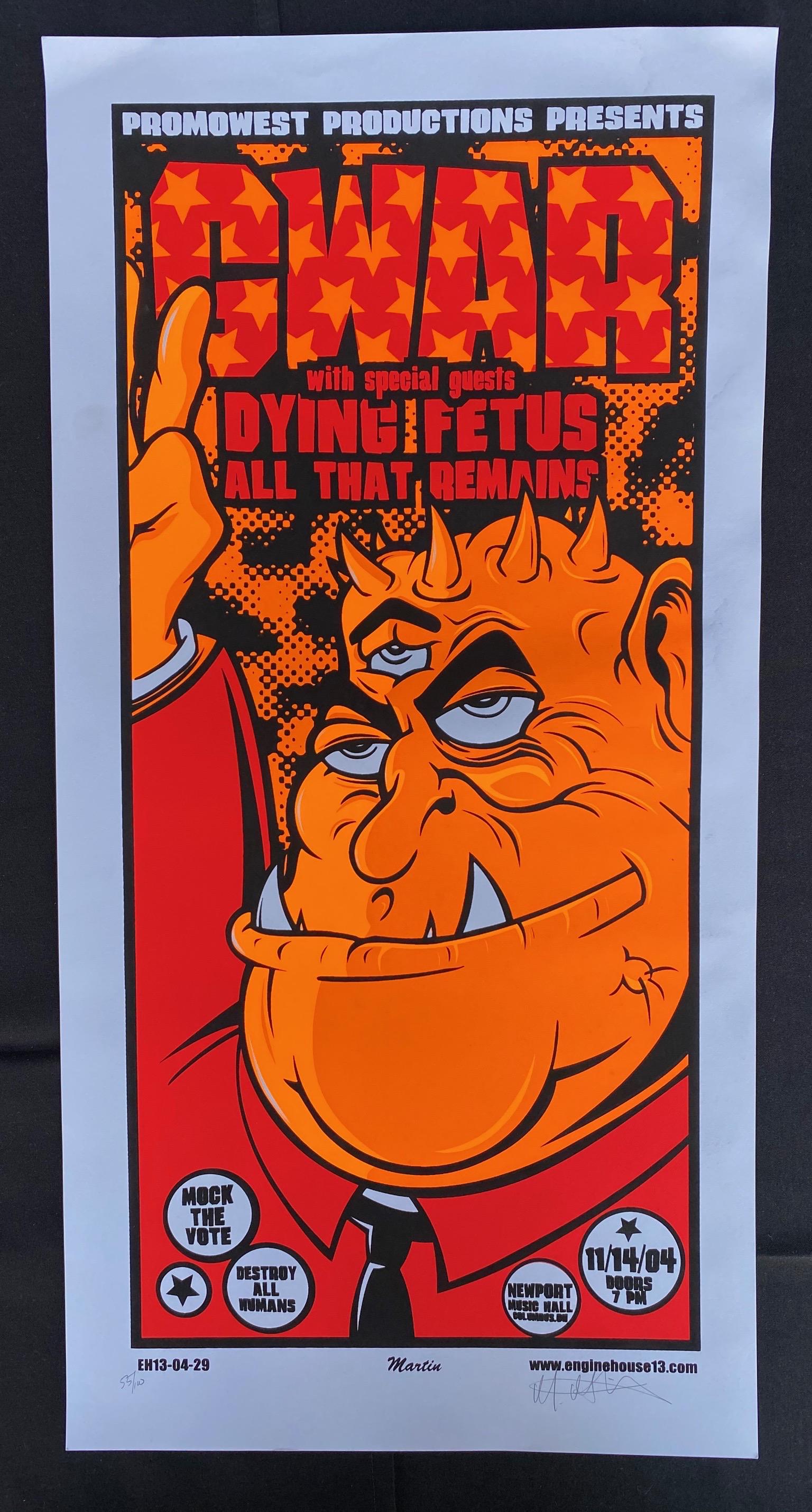 Gwar with Guests Concert Poster November 14 2004 Artist: Gwar with Guests Concert Poster November 14 2004 Artist Signed and Numbered -- Dimensions: H: 25 3/4 x 12 7/8 inches --- Bidding note: We will be attempting to close these items at a rate of 2 items p