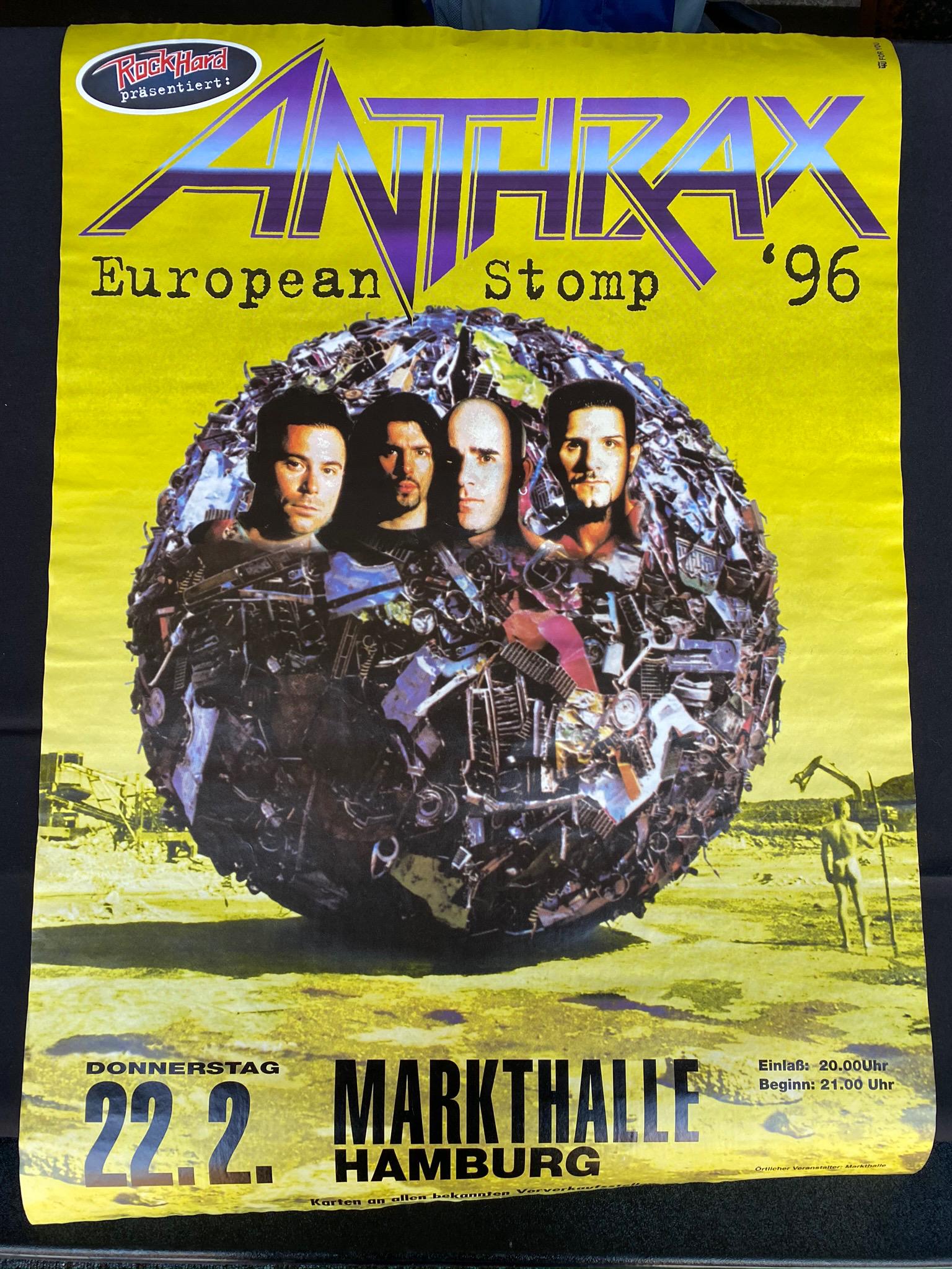 Anthrax European Stomp 1996 German Venue Concert Poster: Anthrax European Stomp 1996 German Venue Concert Poster -- Dimensions: H: 33 x 23 1/4 inches --- Bidding note: We will be attempting to close these items at a rate of 2 items per minute. Due to possib
