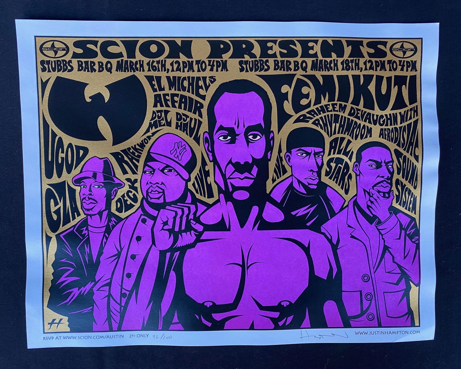 Scion Presents Stubbs Barbecue Bash Featuring Wu-Tang C: Scion Presents Stubbs Barbecue Bash Featuring Wu-Tang Clan and Multiple Guests Concert Poster Artist Signed and Numbered -- Dimensions: H: 17 3/4 x 13 3/4 inches --- Bidding note: We will be attemptin