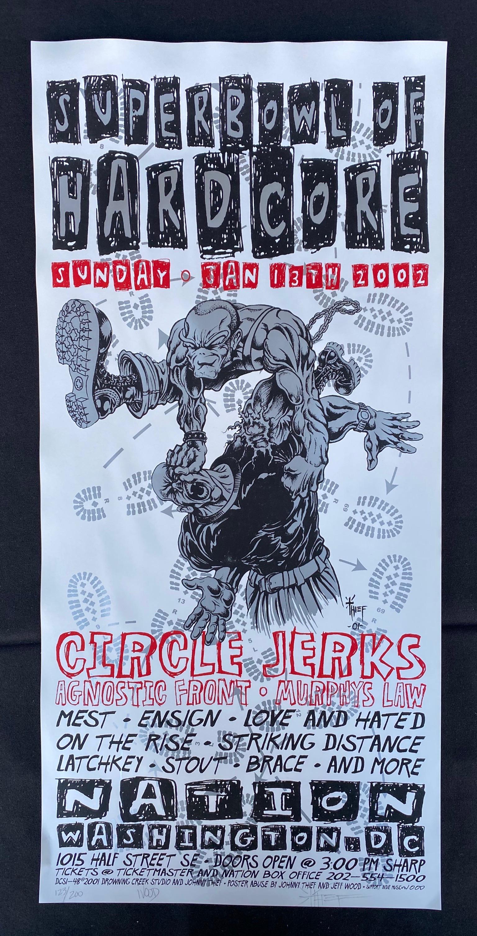 Circle Jerks and Guests Concert Poster January 13 2002: Circle Jerks and Guests Concert Poster January 13 2002 Artist Signed and Numbered -- Dimensions: H: 22 5/8 x 10 3/4 inches --- Bidding note: We will be attempting to close these items at a rate of 2 i