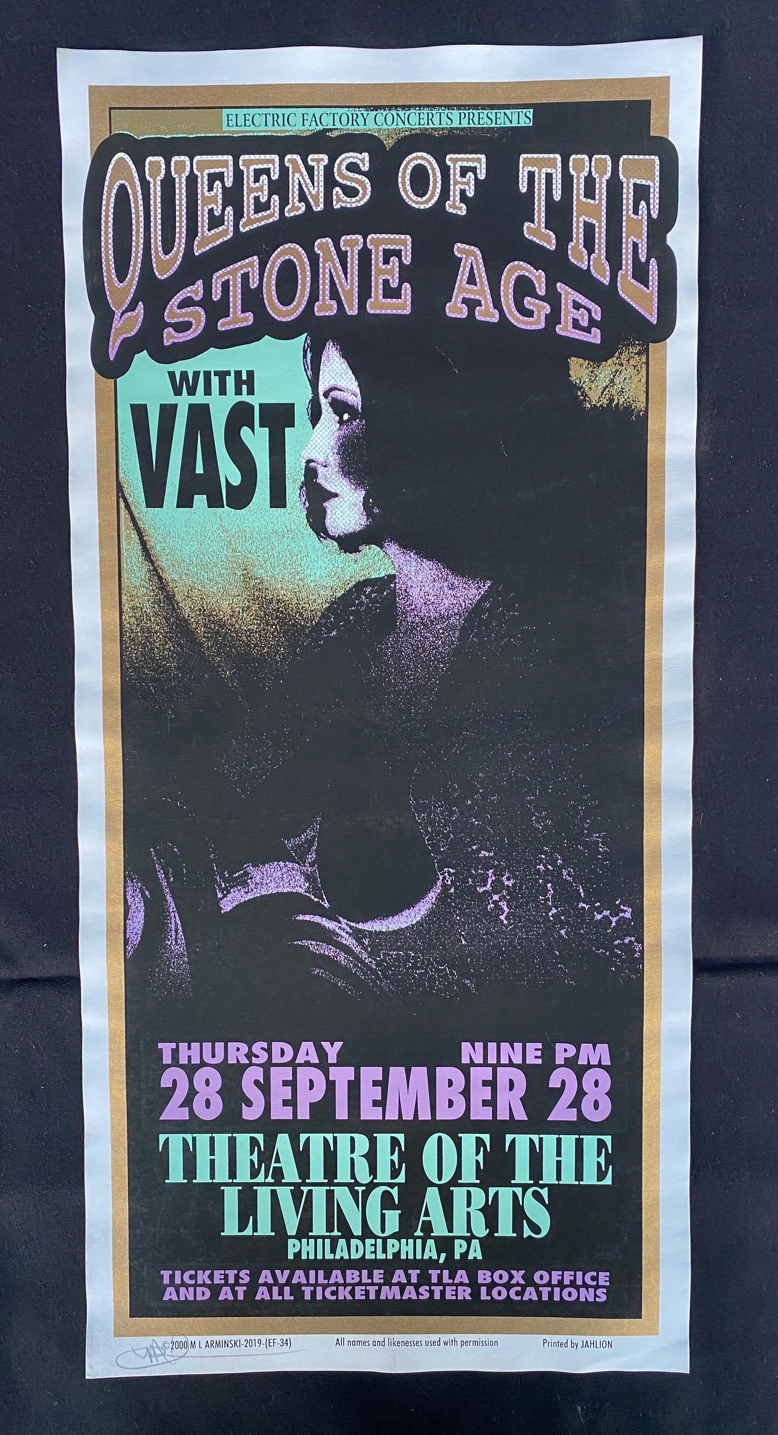 Queens of the Stone Age with Vast Concert Poster Septem: Queens of the Stone Age with Vast Concert Poster September 28 2000 Thera Living Arch Philadelphia Pennsylvania Artist Signed -- Dimensions: H: 22 x 10 1/4 inches --- Bidding note: We will be attemptin