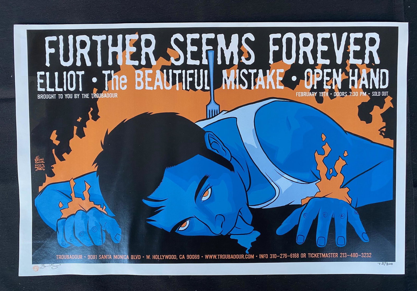 Further Seems Forever Concert Poster February 19 at the: Further Seems Forever Concert Poster February 19 at the Troubadour Artist Signed and Numbered -- Dimensions: H: 16 7/8 x 10 7/8 inches --- Bidding note: We will be attempting to close these items at a