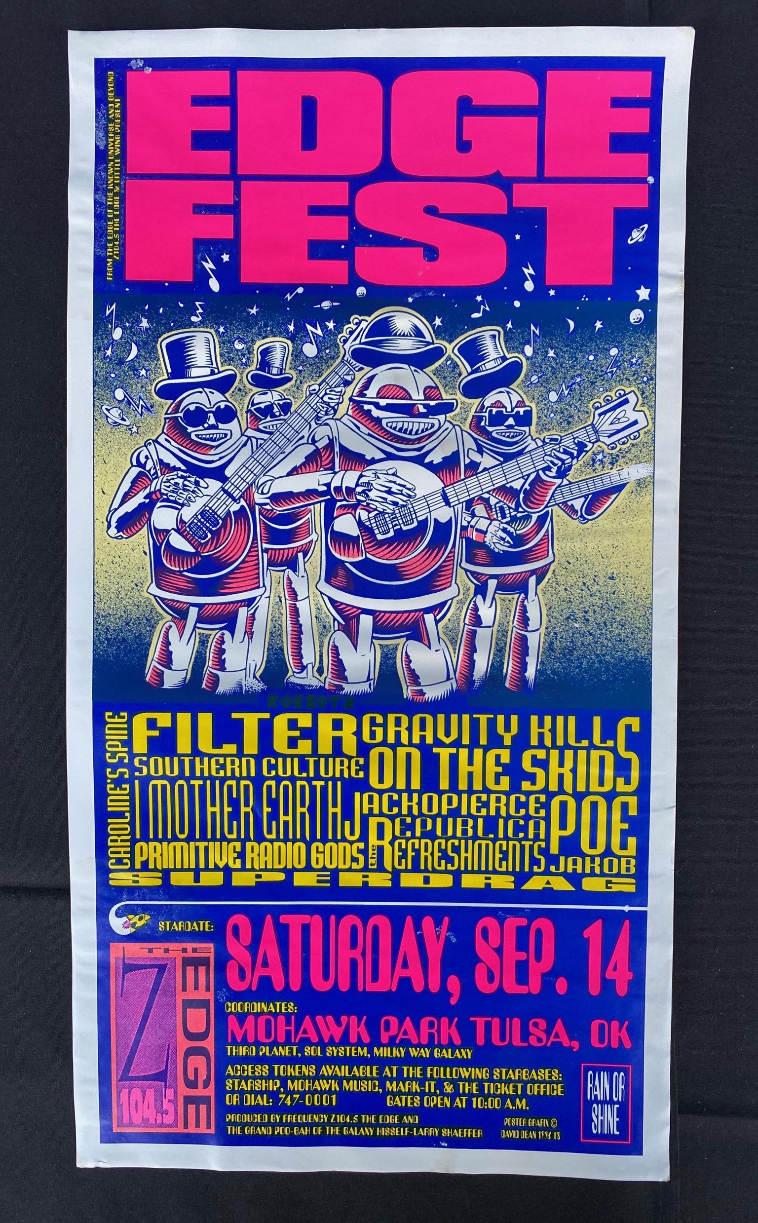 The Edge Fest In Mohawk Park Tulsa Oklahoma September 1: The Edge Fest In Mohawk Park Tulsa Oklahoma September 14 1996 Starring Filter and Many Guests Concert Poster -- Dimensions: H: 21 5/8 x 11 1/2 inches --- Bidding note: We will be attempting to close t