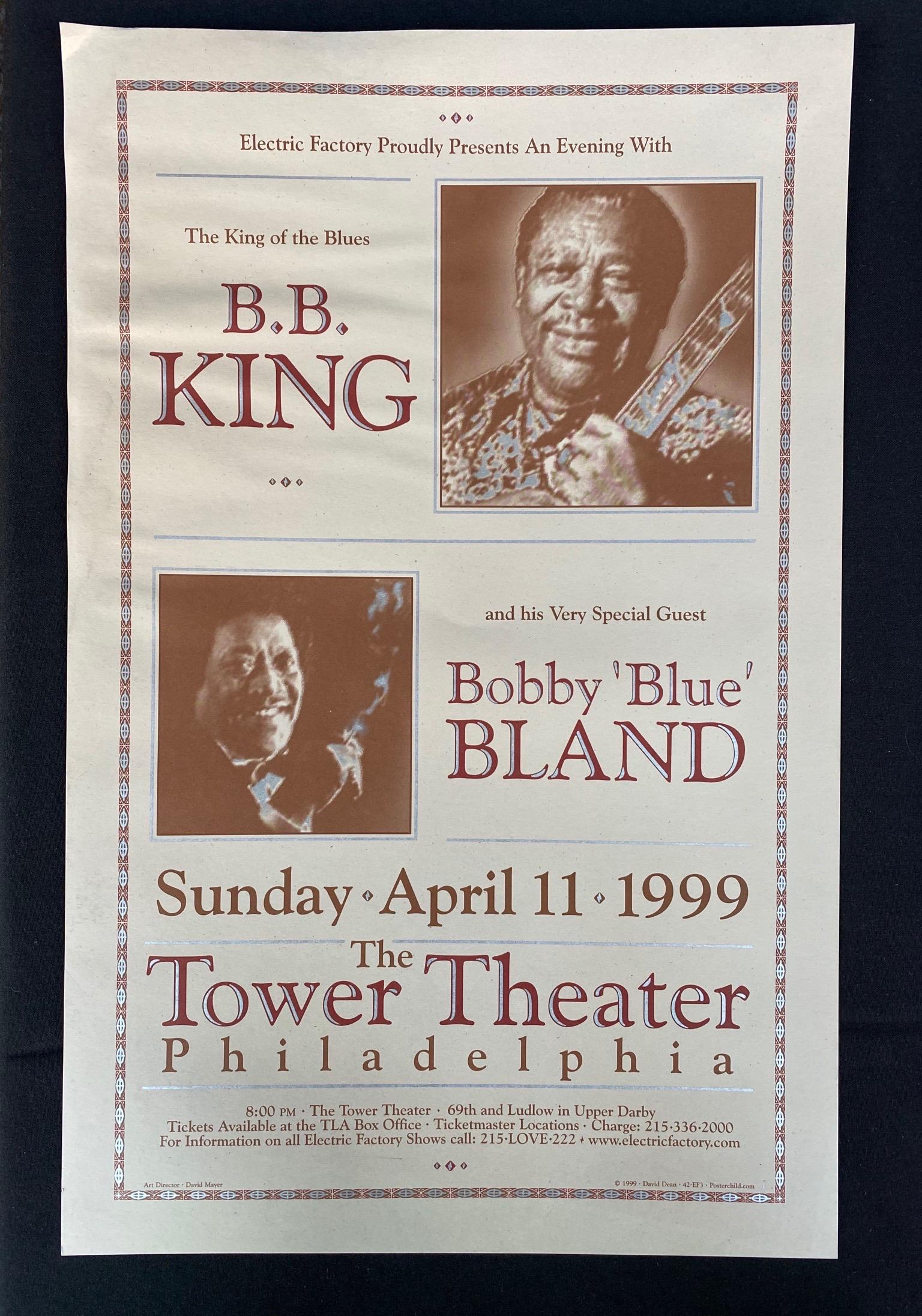 Bb King and Guest Concert Poster April 11 1999 at the T: Bb King and Guest Concert Poster April 11 1999 at the Tower Theater In Philadelphia -- Dimensions: H: 20 1/4 x 13 inches --- Bidding note: We will be attempting to close these items at a rate of 2 ite