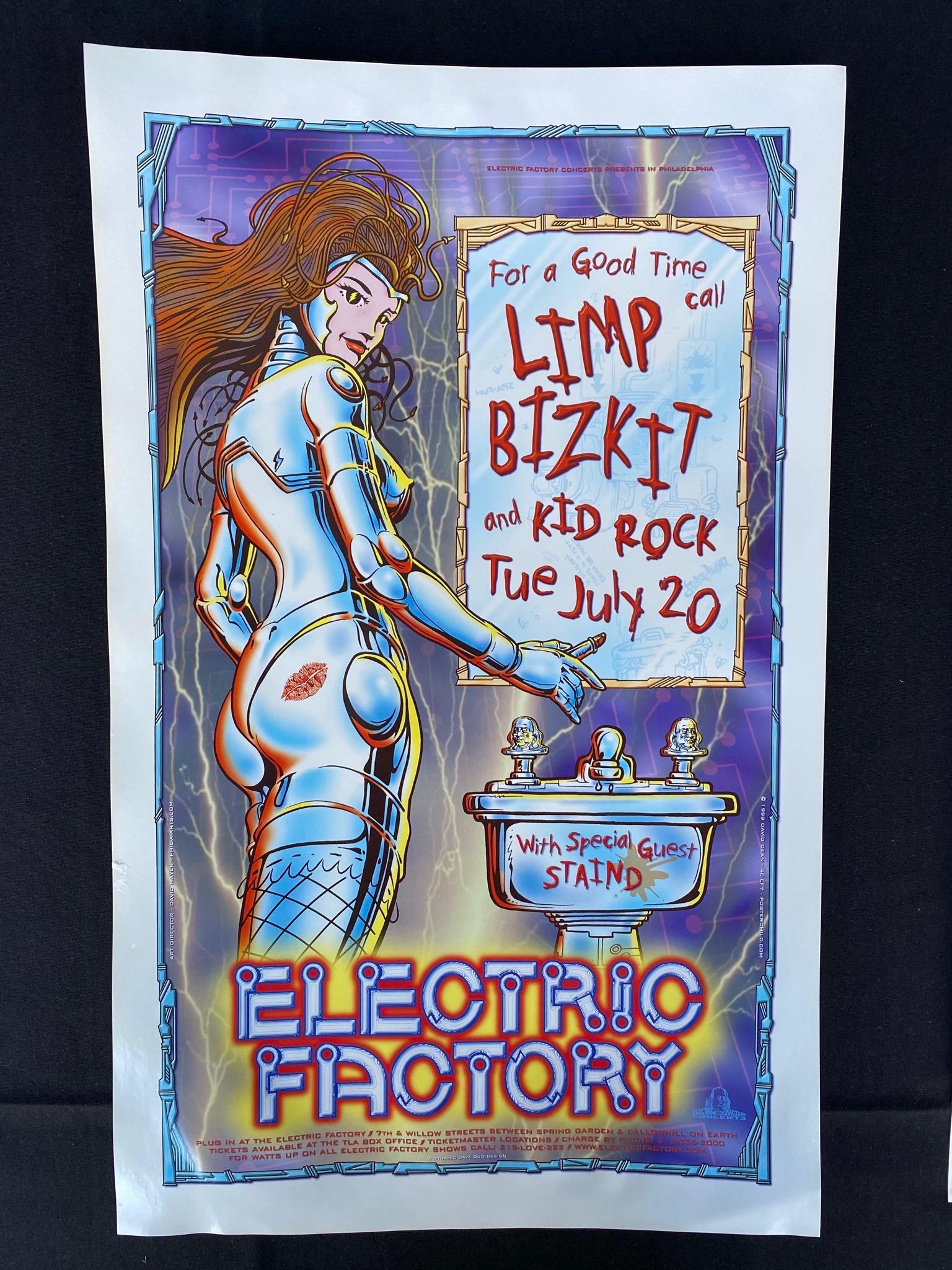 Limp Bizkit and Kid Rock July 20 at the Electric Factor: Limp Bizkit and Kid Rock July 20 at the Electric Factory In Philadelphia with Special Guest Concert Poster Staind -- Dimensions: H: 20 3/4 x 12 7/8 inches --- Bidding note: We will be attempting to cl