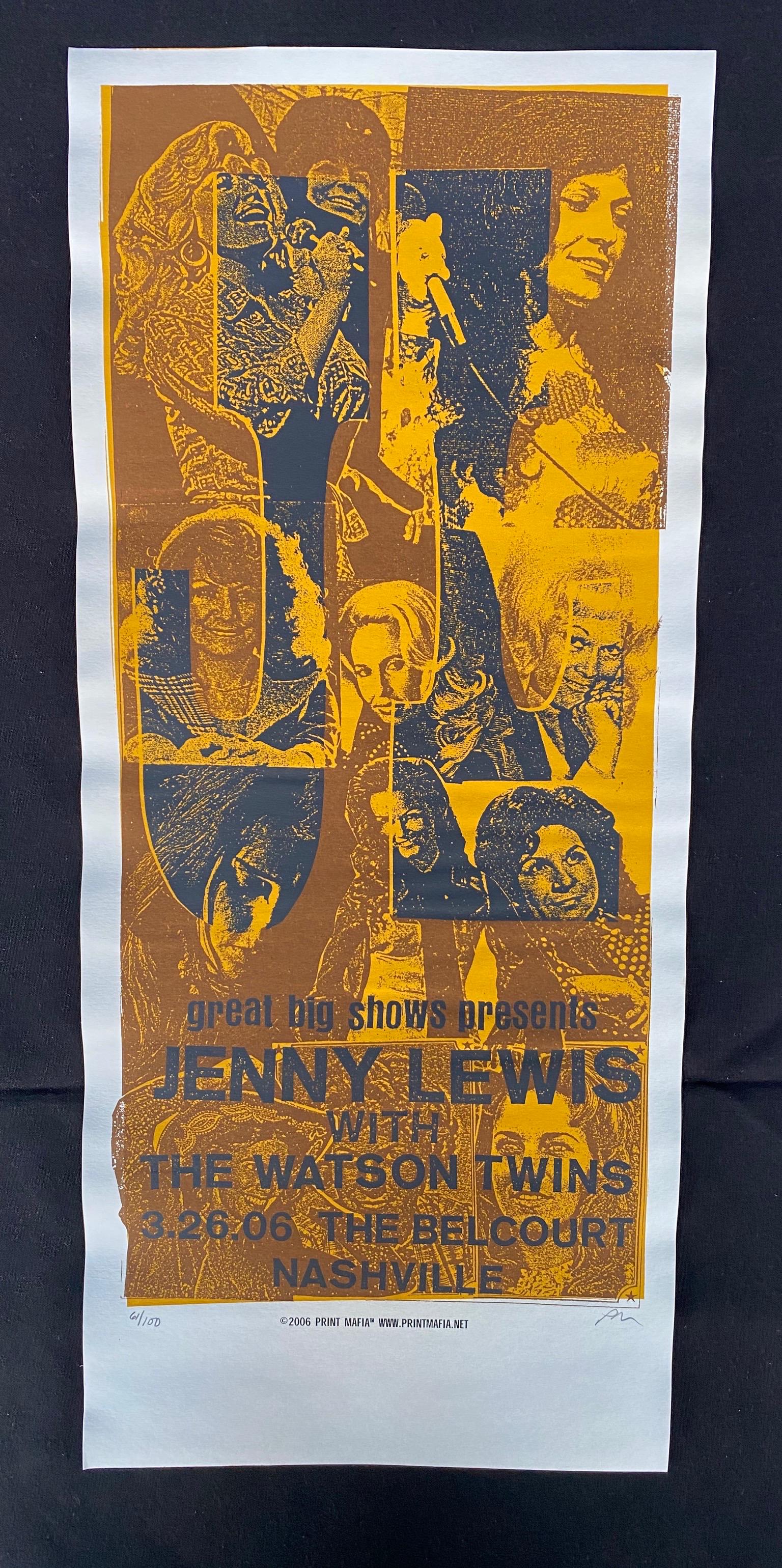 Jenny Lewis with the Watson Twins Concert Poster March: Jenny Lewis with the Watson Twins Concert Poster March 26 2006 Artist Signed and Numbered -- Dimensions: H: 20 5/8 x 8 7/8 inches --- Bidding note: We will be attempting to close these items at a rate