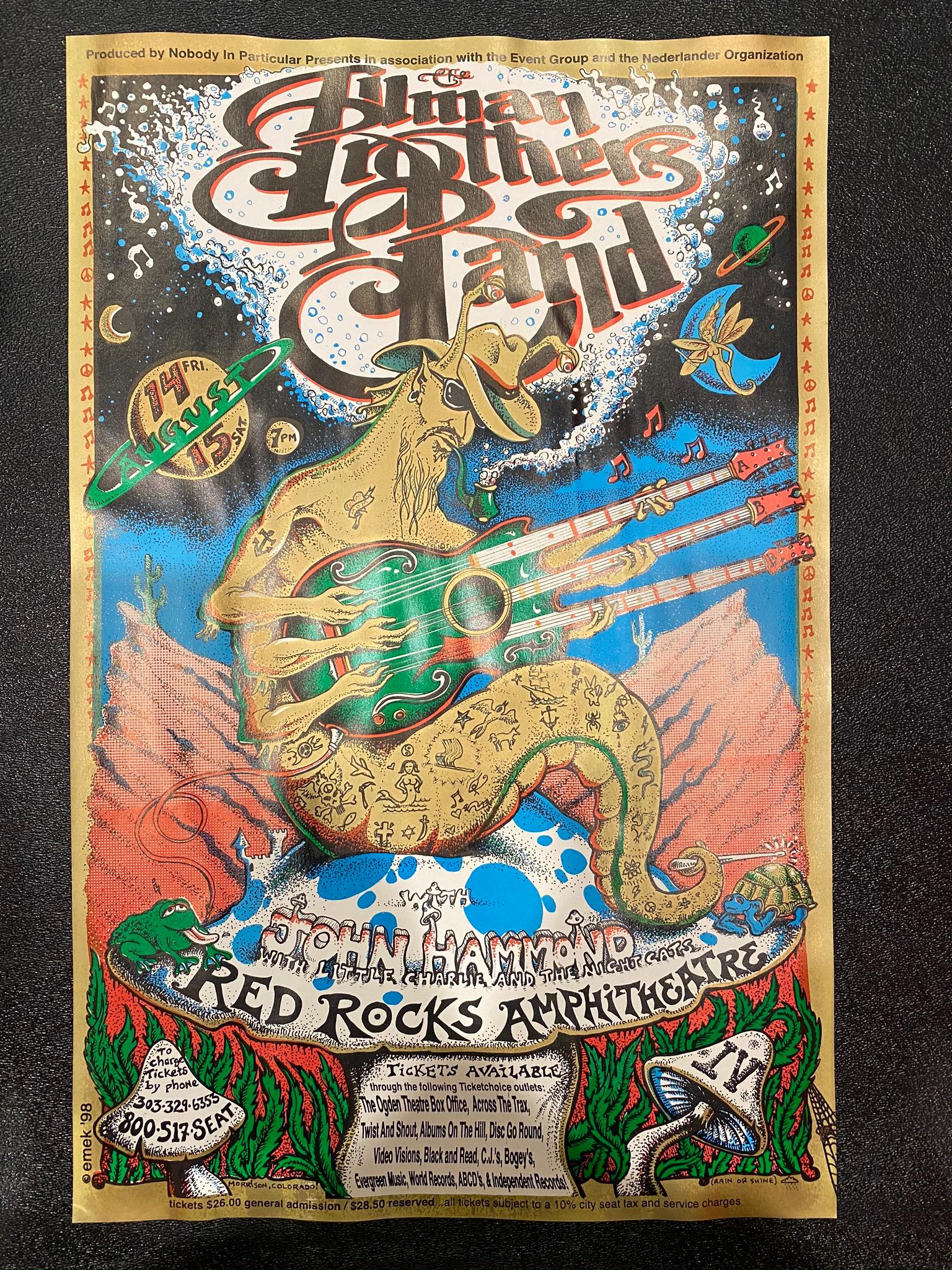 The Allman Brothers Band Concert Poster August 14 and 1: The Allman Brothers Band Concert Poster August 14 and 15th 1998 Red Rocks Amphitheater -- Dimensions: H: 15 7/8 x 10 1/4 inches --- Bidding note: We will be attempting to close these items at a rate o