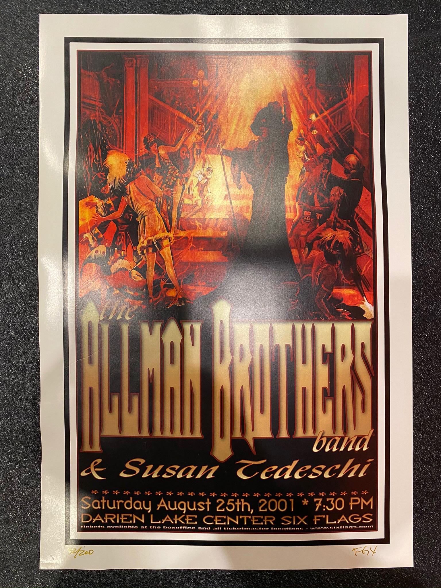The Allman Brothers Band Concert Poster August 25 2001: The Allman Brothers Band Concert Poster August 25 2001 Artist Signed Numbered -- Dimensions: H: 17 7/8 x 11 7/8 inches --- Bidding note: We will be attempting to close these items at a rate of 2 items