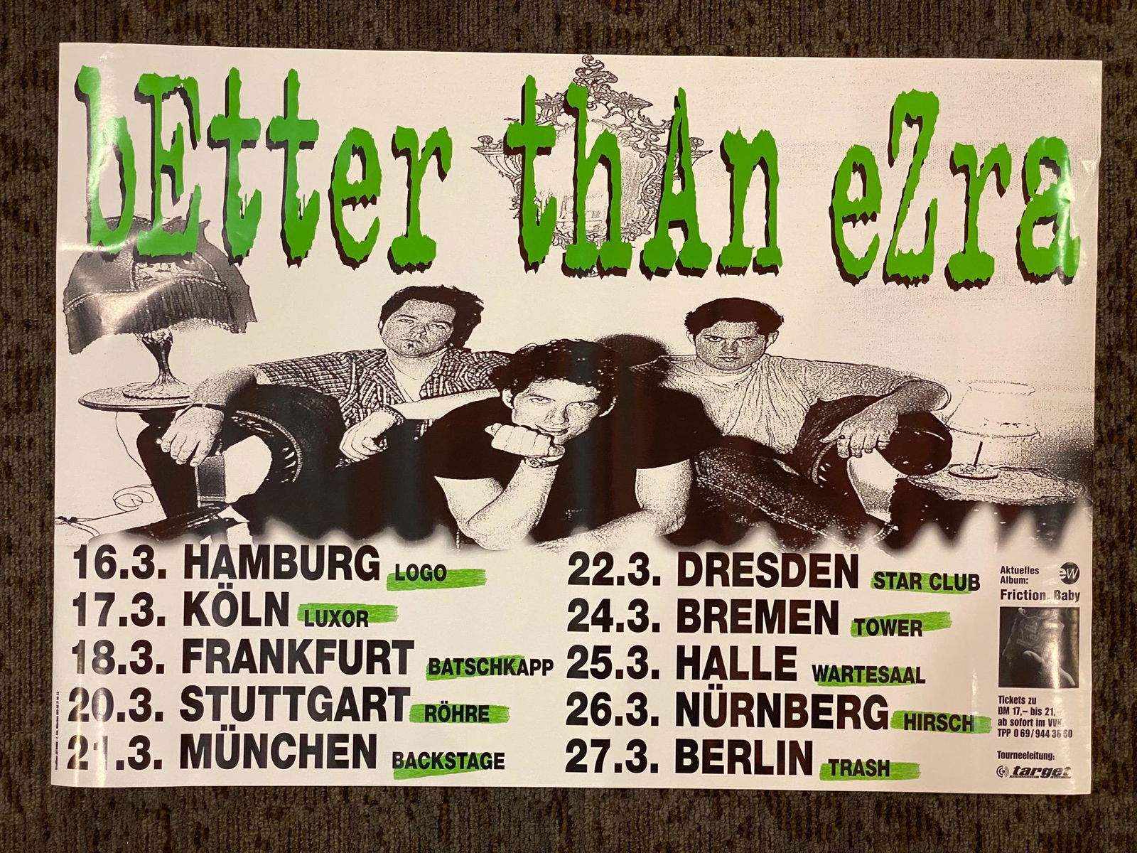 Better Than Ezra Multi Location Germany Venue Concert P: Better Than Ezra Multi Location Germany Venue Concert Poster -- Dimensions: H: 33 x 23 1/4 inches --- Bidding note: We will be attempting to close these items at a rate of 2 items per minute. Due to p