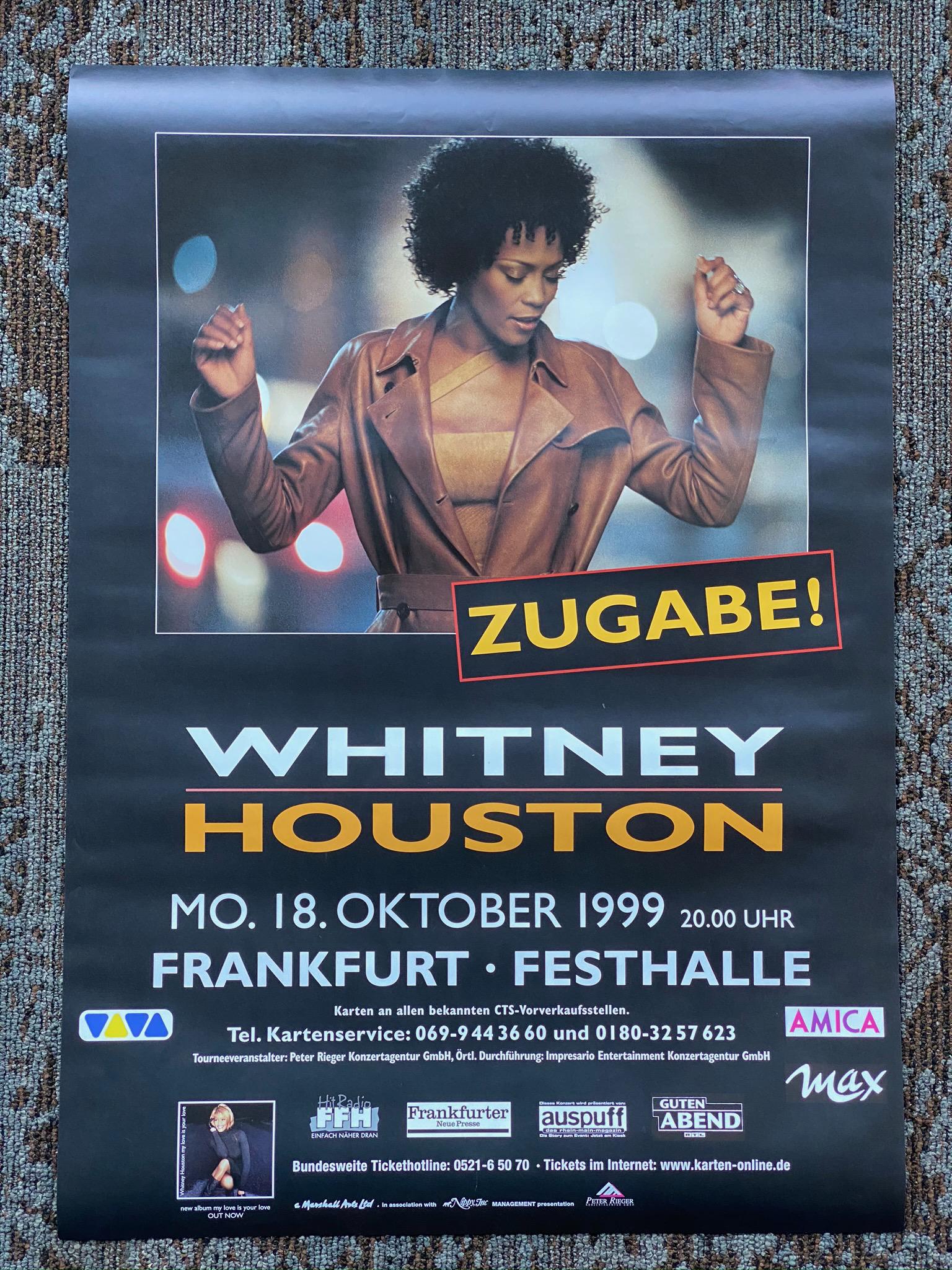 Whitney Houston Frankfurt Germany 1999 Venue Concert Co: Whitney Houston Frankfurt Germany 1999 Venue Concert Concert Poster -- Dimensions: H: 33 x 23 1/4 inches --- Bidding note: We will be attempting to close these items at a rate of 2 items per minute. D