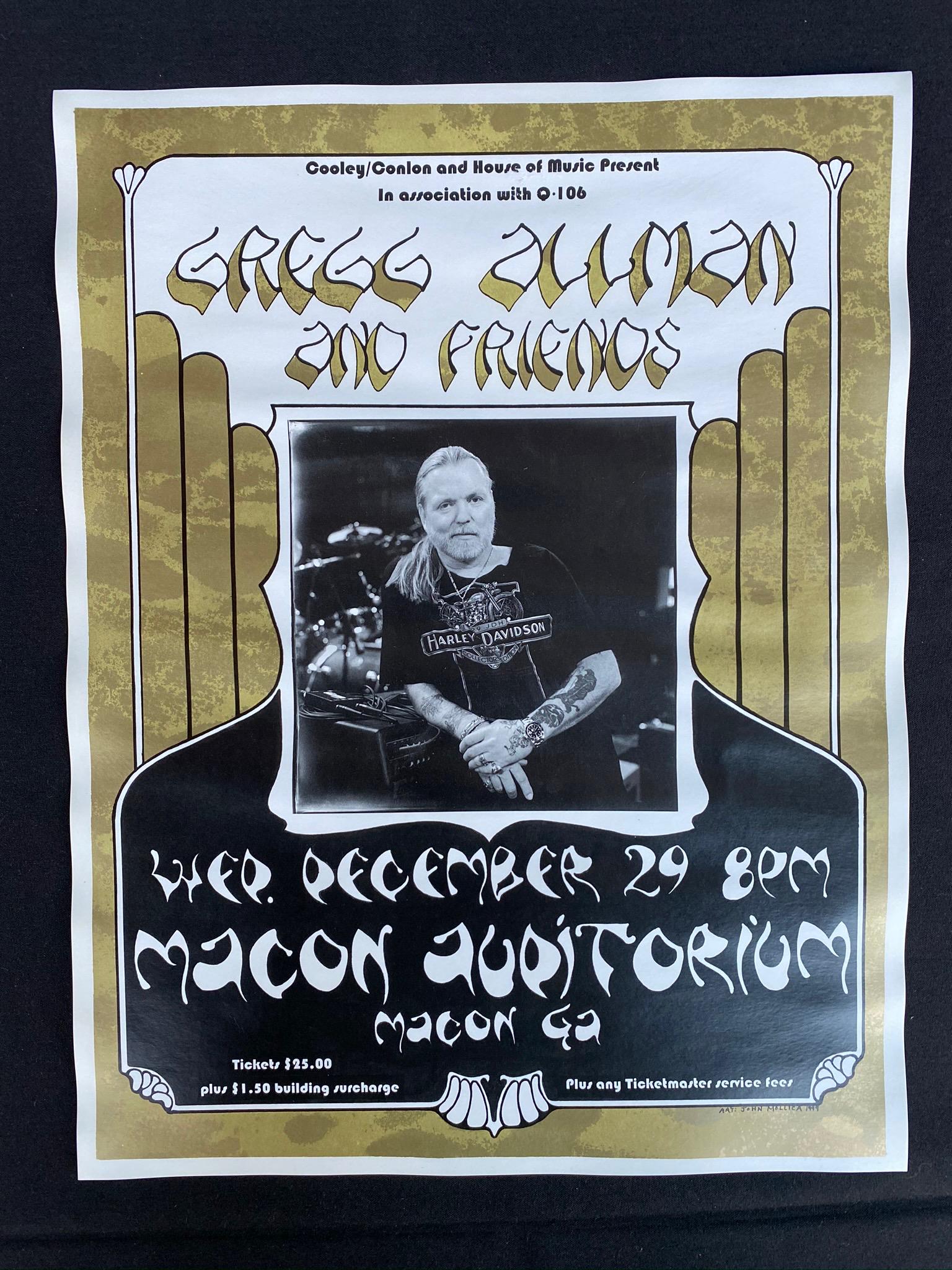 Greg Allman and Friends Concert Poster December 29 1999: Greg Allman and Friends Concert Poster December 29 1999 -- Dimensions: H: 15 5/8 x 12 inches --- Bidding note: We will be attempting to close these items at a rate of 2 items per minute. Due to possib