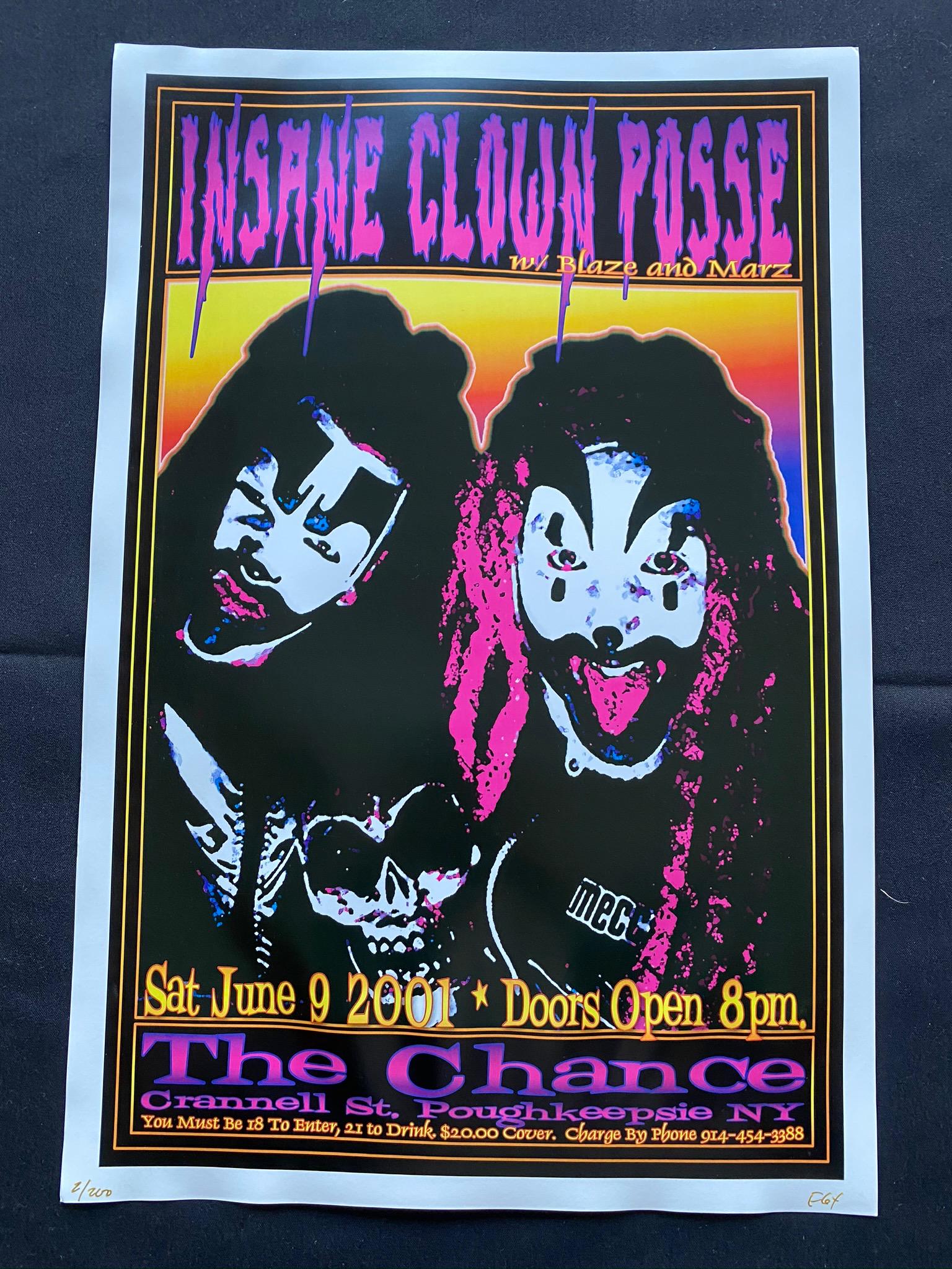 Insane Clown Posse Concert Poster June 9 2001 Signed by: Insane Clown Posse Concert Poster June 9 2001 Signed by the Artist In Numbered -- Dimensions: H: 17 7/8 x 11 7/8 inches --- Bidding note: We will be attempting to close these items at a rate of 2 item