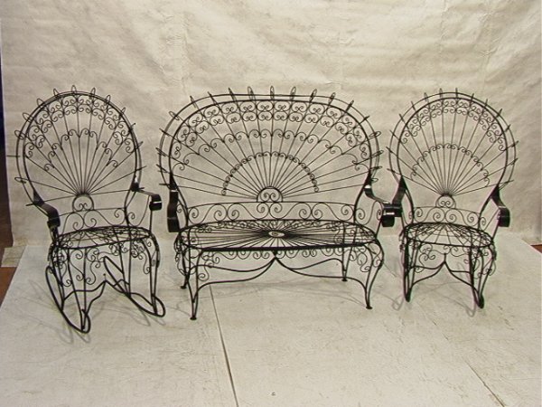 French Twisted Wire Fanback Settee and Two Rocker: French Twisted Wire Fanback Settee and Two Rockers Rocking Chairs. Rockers 48x26x19Settee 47x50x19 Dimensions: Condition (General) Please contact us with specific questions about condition, not visibl