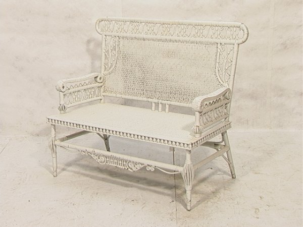 White Wicker Stick and Ball Settee: White Wicker Stick and Ball Settee Dimensions: H: 37 inches: W: 42 inches: D: 20 inches Condition (General) Please contact us with specific questions about condition, not visible in the photos: Very G