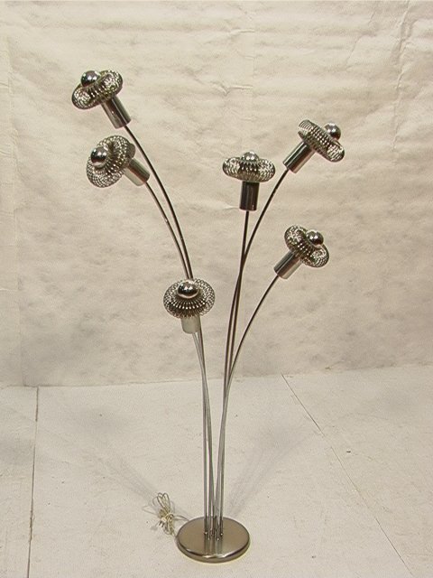 Fabulous 6 Arm Chrome Floor Lamp with Reflector b: Fabulous 6 Arm Chrome Floor Lamp with Reflector bulbs and Spring Tops. Modern Floral Form. Dimensions: H: 63.5 inches: W: 30 inches Condition (General) Please contact us with specific questions about 