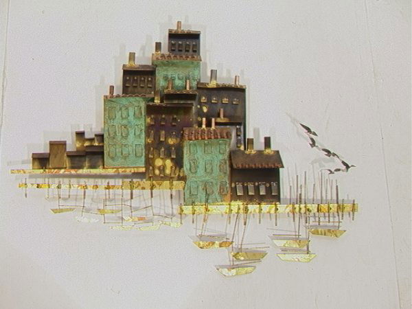 Curtis JERE Wall Sculpture of Buildings and Boats: Curtis JERE Wall Sculpture of Buildings and Boats. Signed. Dimensions: H: 31 inches: W: 42 inches: D: 5 inches Condition (General) Please contact us with specific questions about condition, not visibl