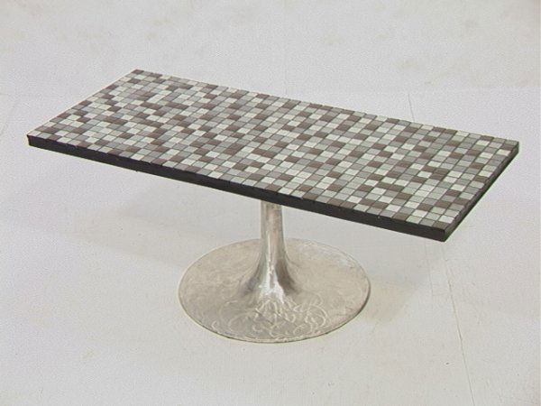 Modern Glass Tile Top Coffee Table with Tulip Sty: Modern Glass Tile Top Coffee Table with Tulip Style Base. Good Colors. Dimensions: H: 15.5 inches: W: 39.5 inches: D: 17.5 inches Condition (General) Please contact us with specific questions about co