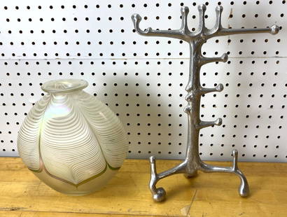 2pcs Modernist accessories. Unsigned Donald Drumm Jewel: 2pcs Modernist accessories. Unsigned Donald Drumm Jewelry tree, signed ABELMAN art glass vase.-- Dimensions: H: 14.5 inches: W: 10 inches ---