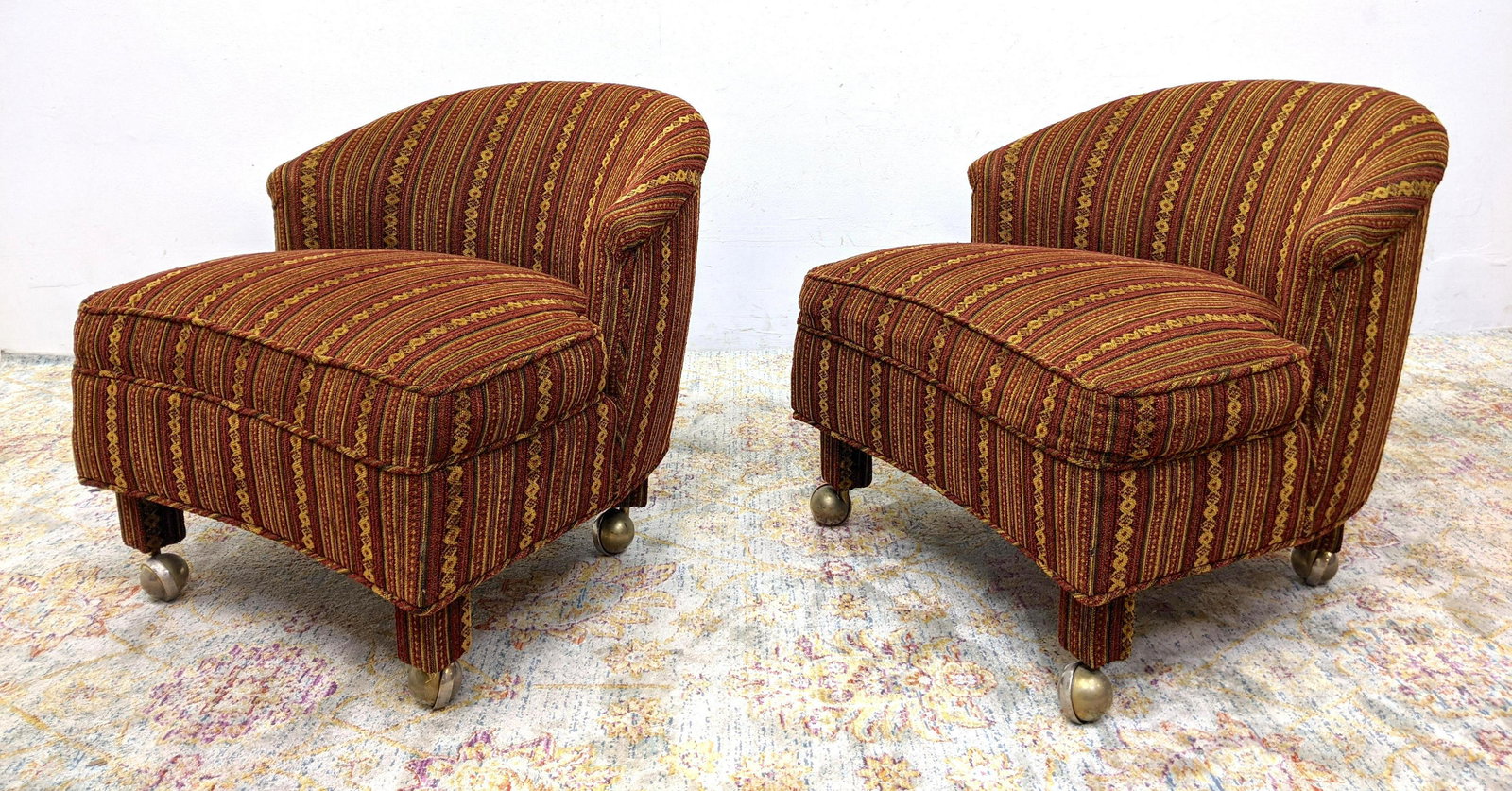 Pr Decorator Low Lounge Chairs on Casters.  Barrel Back (1 of 11)