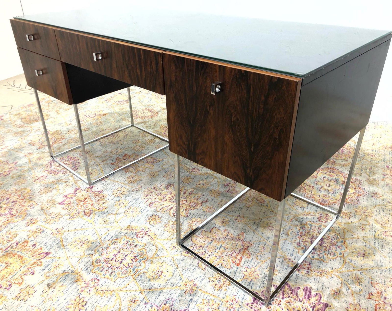 ROUGIER Rosewood Modernist Desk. Chrome thin square tub (1 of 7)