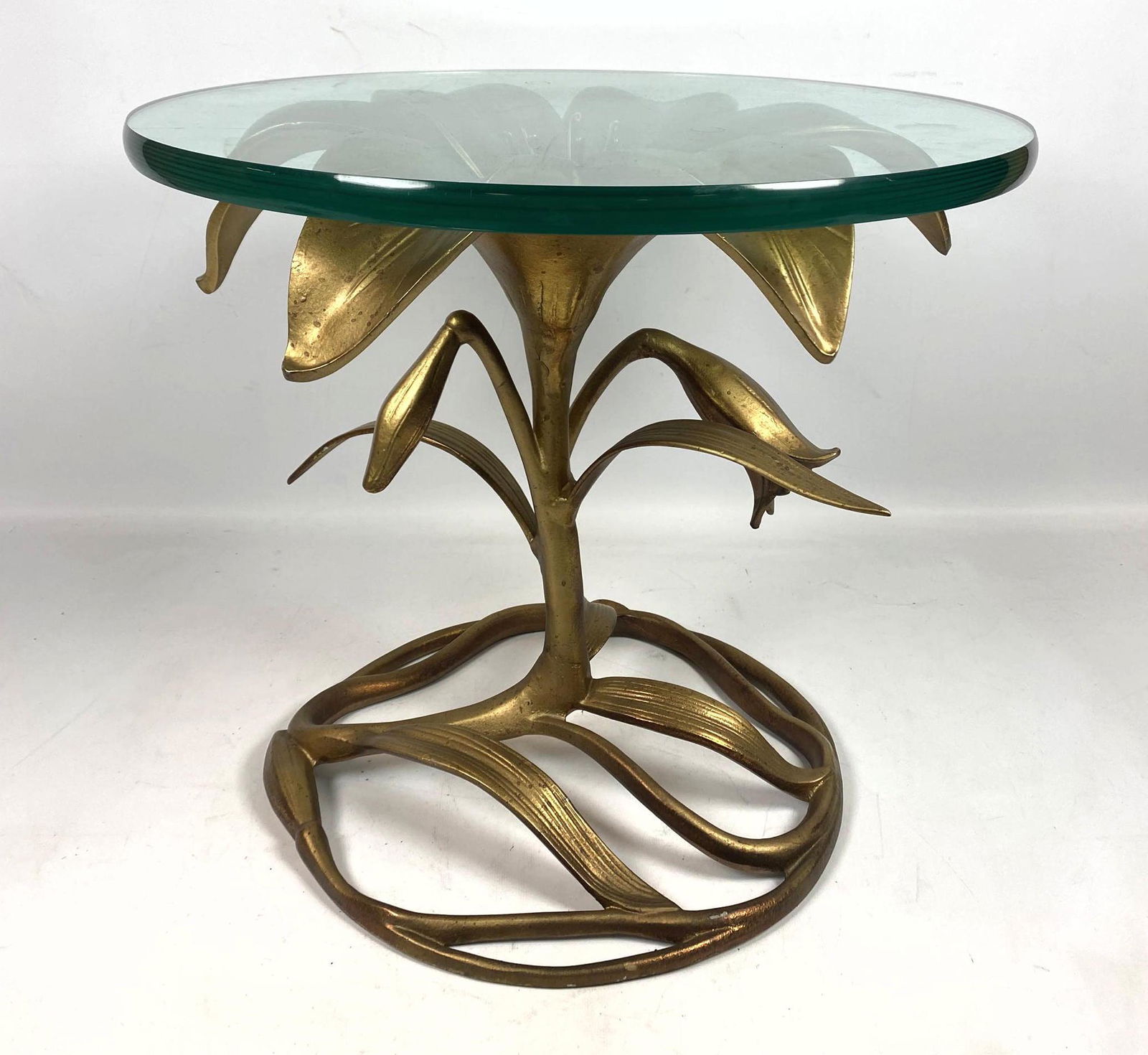 ARTHUR COURT Gilt Metal Lily Glass Top Side Table. (1 of 9)