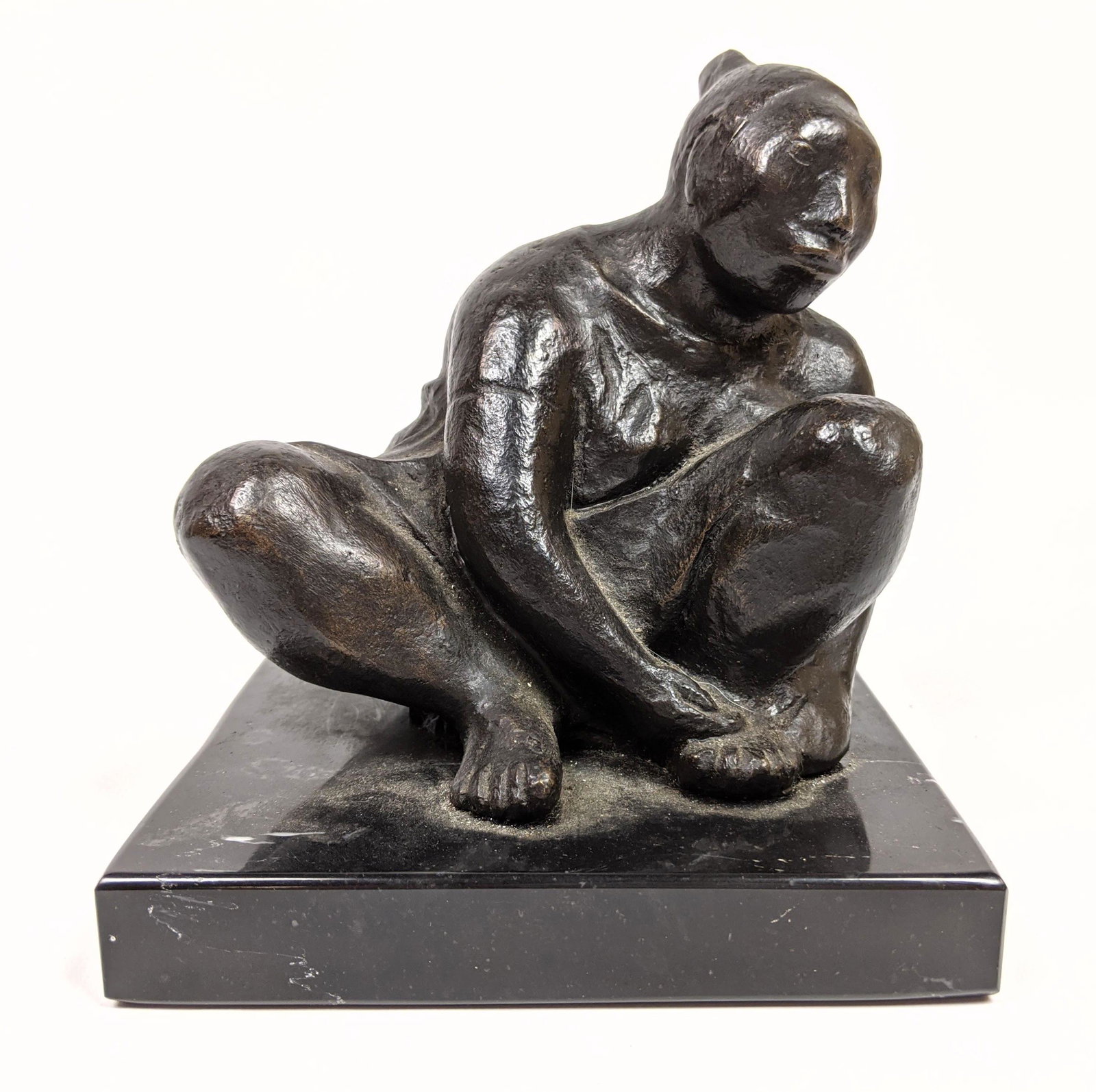 Zuniga Style Bronze Sculpture. Seated woman on marble: Zuniga Style Bronze Sculpture. Seated woman on marble base. -- Dimensions: H: 6 inches: W: 5.5 inches: D: 5.5 inches ---