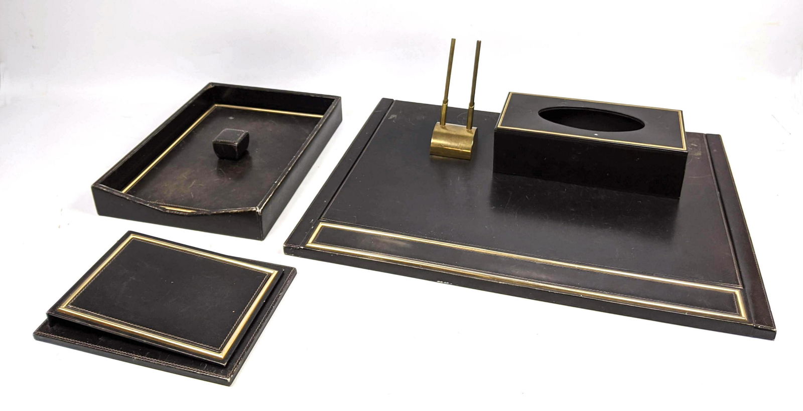 5pc ASPREY London Black Leather Desk Set. Marked. (1 of 20)