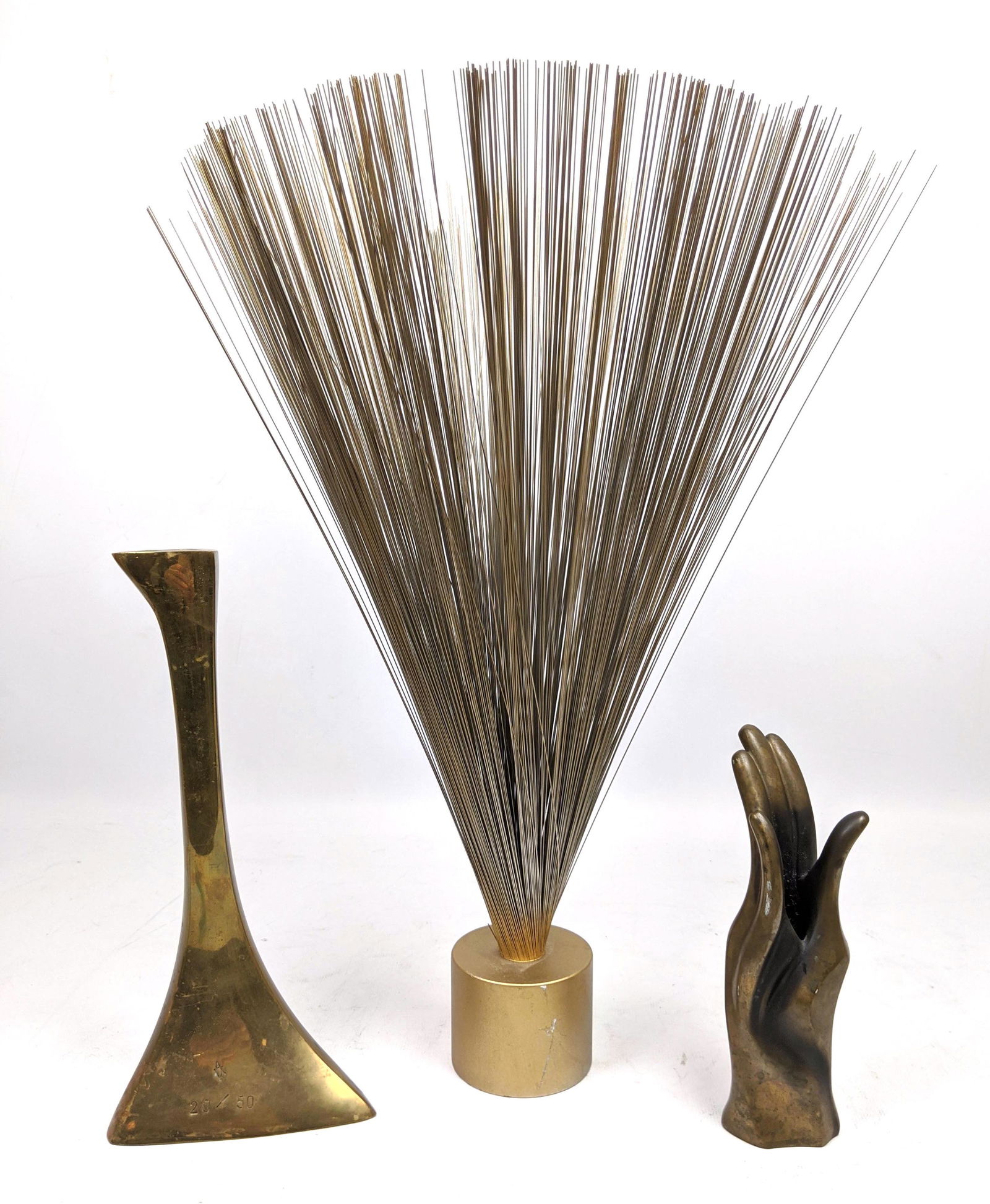 3pc Modernist Sculpture Lot. 1). Harry Bertoia style Sp: 3pc Modernist Sculpture Lot. 1). Harry Bertoia style Spray Wire Sculpture. 16" Tall. 2). Hand Form Candlestick marked Bob Bennett 3). Organic Bone Form Brass Candlestick marked A over V 20/50. -- Dime