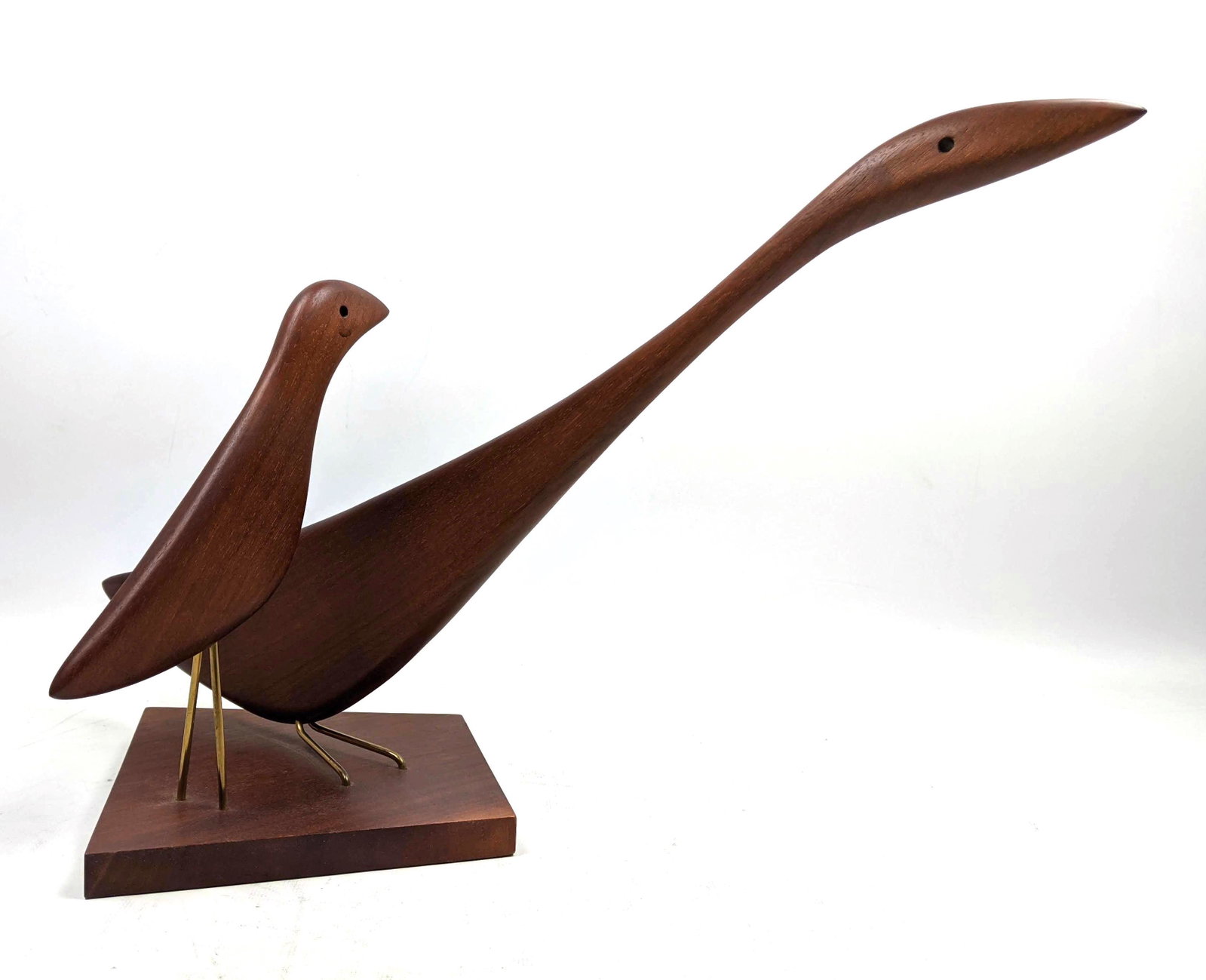 VAL ROBBINS Carved Wood Modernist Bird Sculpture. Brass: VAL ROBBINS Carved Wood Modernist Bird Sculpture. Brass feet. Branded signature-- Dimensions: H: 11 inches: W: 19 inches: D: 9 inches ---