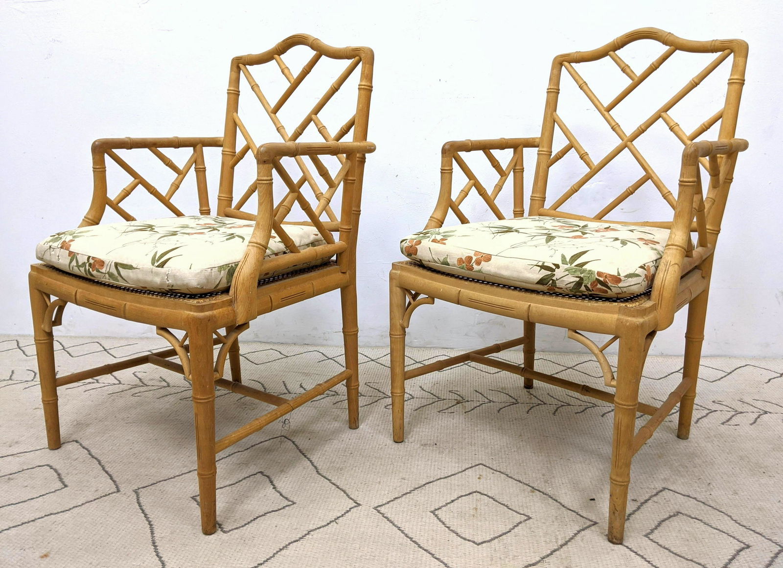 Pair Faux Bamboo side chairs with arms. (1 of 14)