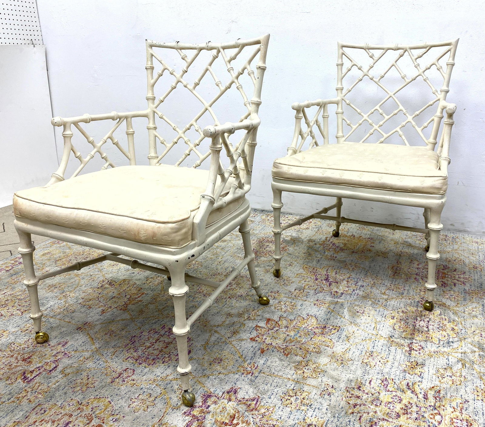 Pair Metal Faux Bamboo Arm Chairs. Painted White. (1 of 14)