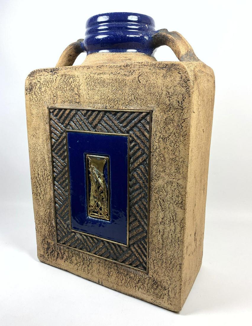 Large Pottery Flask Form Floor Vase.  Applied metal Dec (1 of 12)
