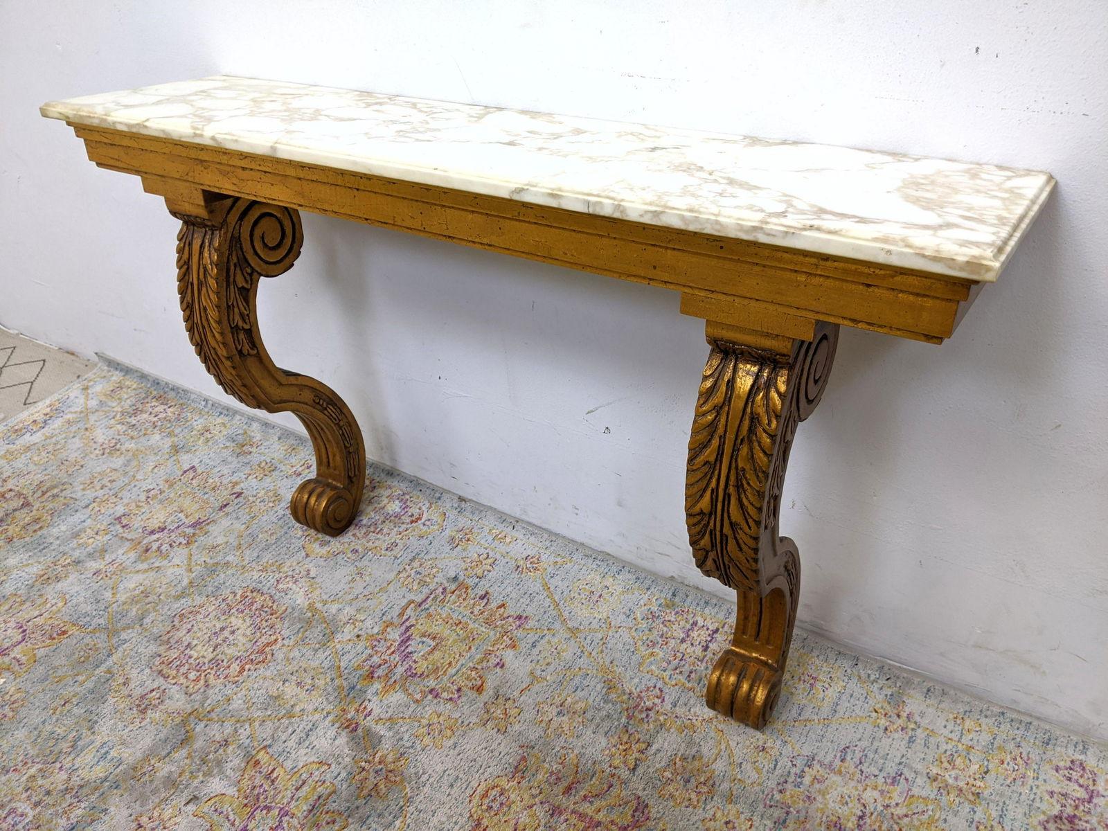 Gilt wood and Marble Wall Console Table. Carved curved (1 of 10)
