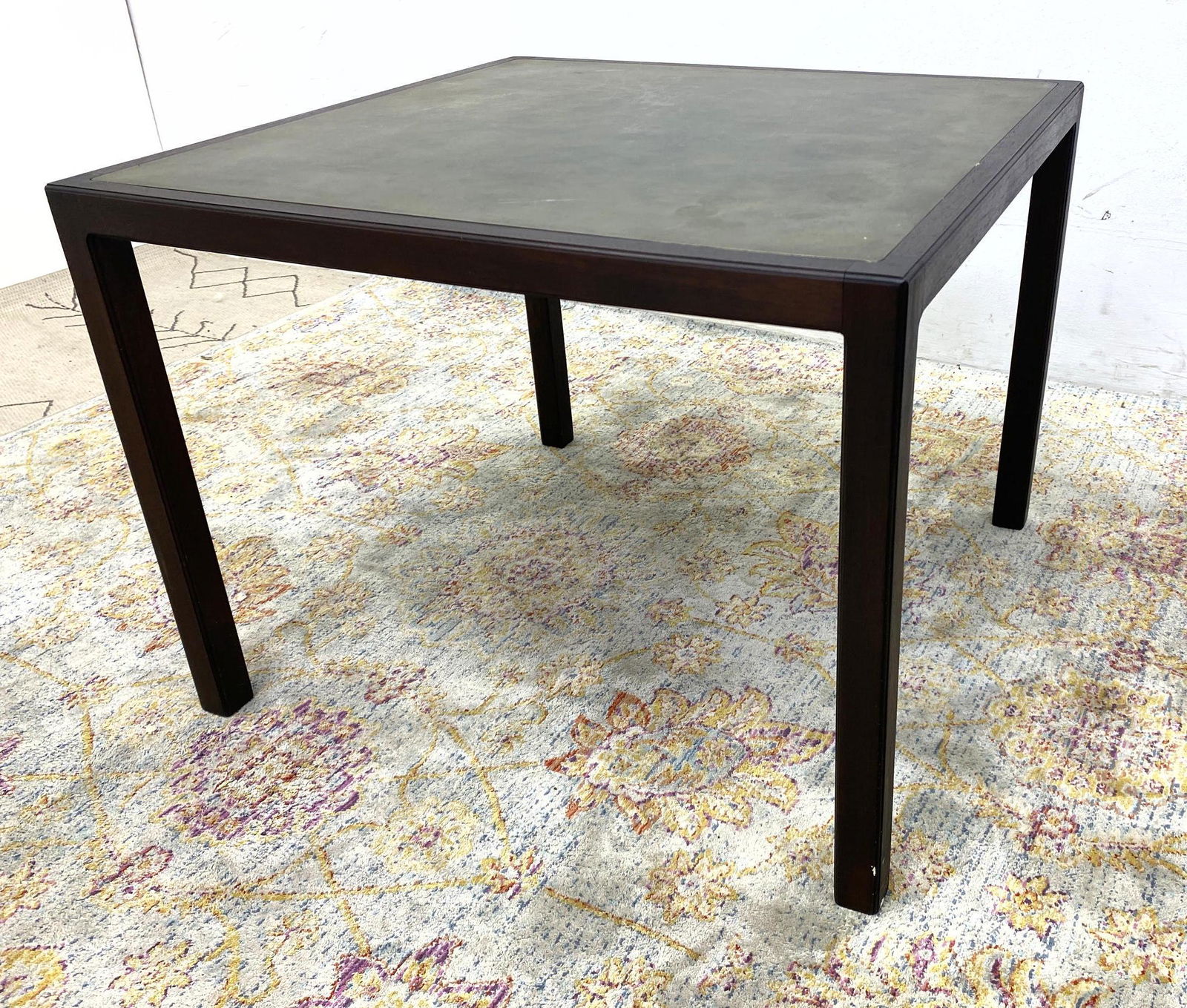 HARRY LUNSTEAD Designs Metal Top Occasional Table. Waln: HARRY LUNSTEAD Designs Metal Top Occasional Table. Walnut frame. -- Dimensions: H: 21 inches: W: 28 inches: D: 28 inches ---