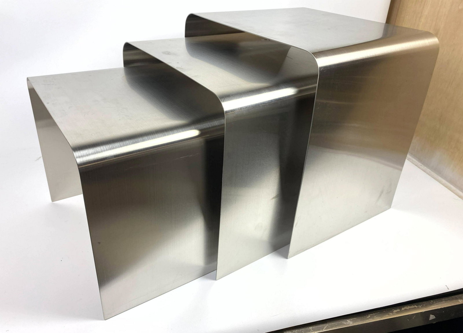 Flat Steel Nesting Tables. Rolled edges.: Flat Steel Nesting Tables. Rolled edges.-- Dimensions: H: 16 inches: W: 16 inches: D: 13 inches ---