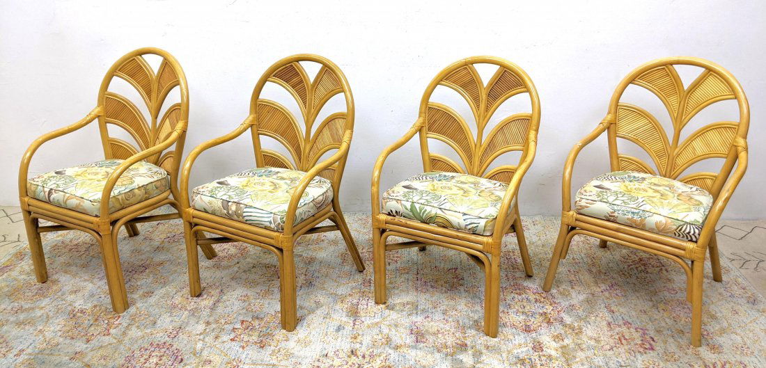Set 4 MCGUIRE  Attributed Arm Chairs. Rattan Fan Back. (1 of 14)