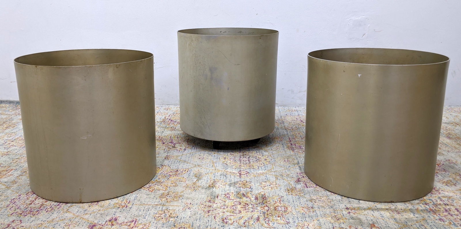 Set 3 Silver Metal Cylinder Planters. One rolls on cast (1 of 12)