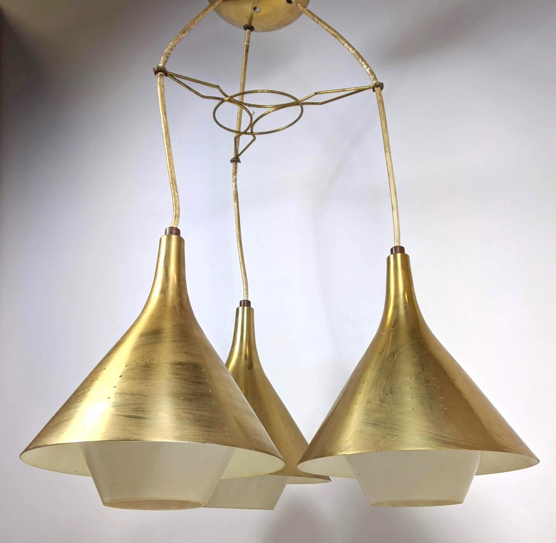 Modernist Brass Chandelier. Triple Cone Pendant Shades (1 of 19)