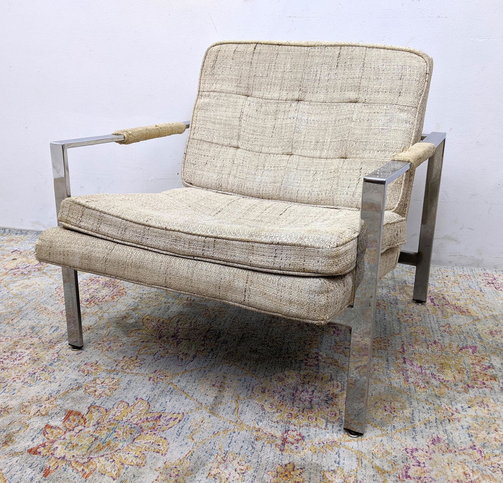 MILO BAUGHMAN for THAYER COGGIN Lounge Chair. Dated 196: MILO BAUGHMAN for THAYER COGGIN Lounge Chair. Dated 1969. Chrome Wide Flat Frame. Model 6003. Chair F-809. Fabric Label. -- Dimensions: H: 30 inches: W: 28.5 inches: D: 29 inches ---