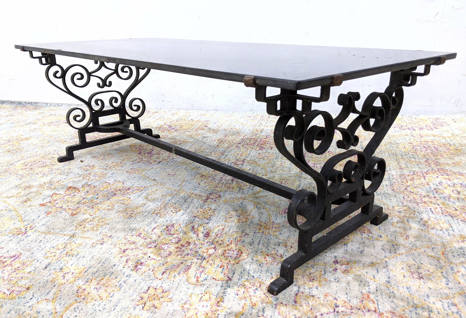 Fancy Wrought Iron Coffee Cocktail Table with Glass Top (1 of 13)