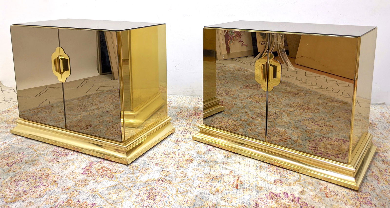 Pair ELLO Brass and Mirror Side Table Cabinets. 2 Doors (1 of 14)