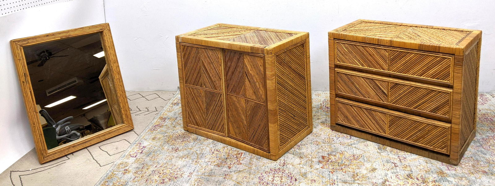 3pc Rattan Wicker Modernist Dressers Chests Mirror. (1 of 13)